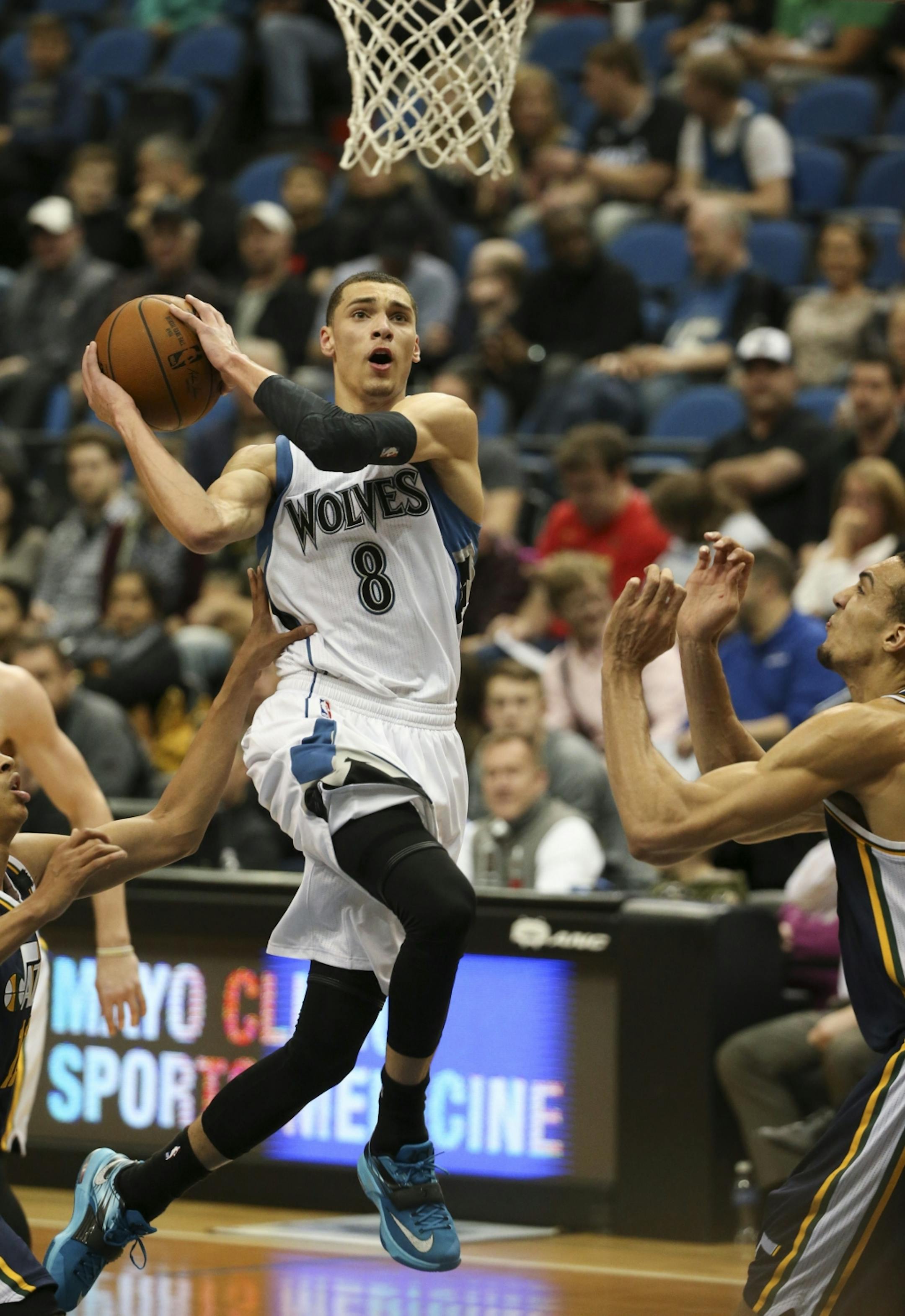 Timberwolves guard Zach LaVine approached the hoop before being fouled by Utah Jazz center Rudy Gobert in the fourth quarter Monday night at Target Center. LaVine led the Wolves with 21 points.