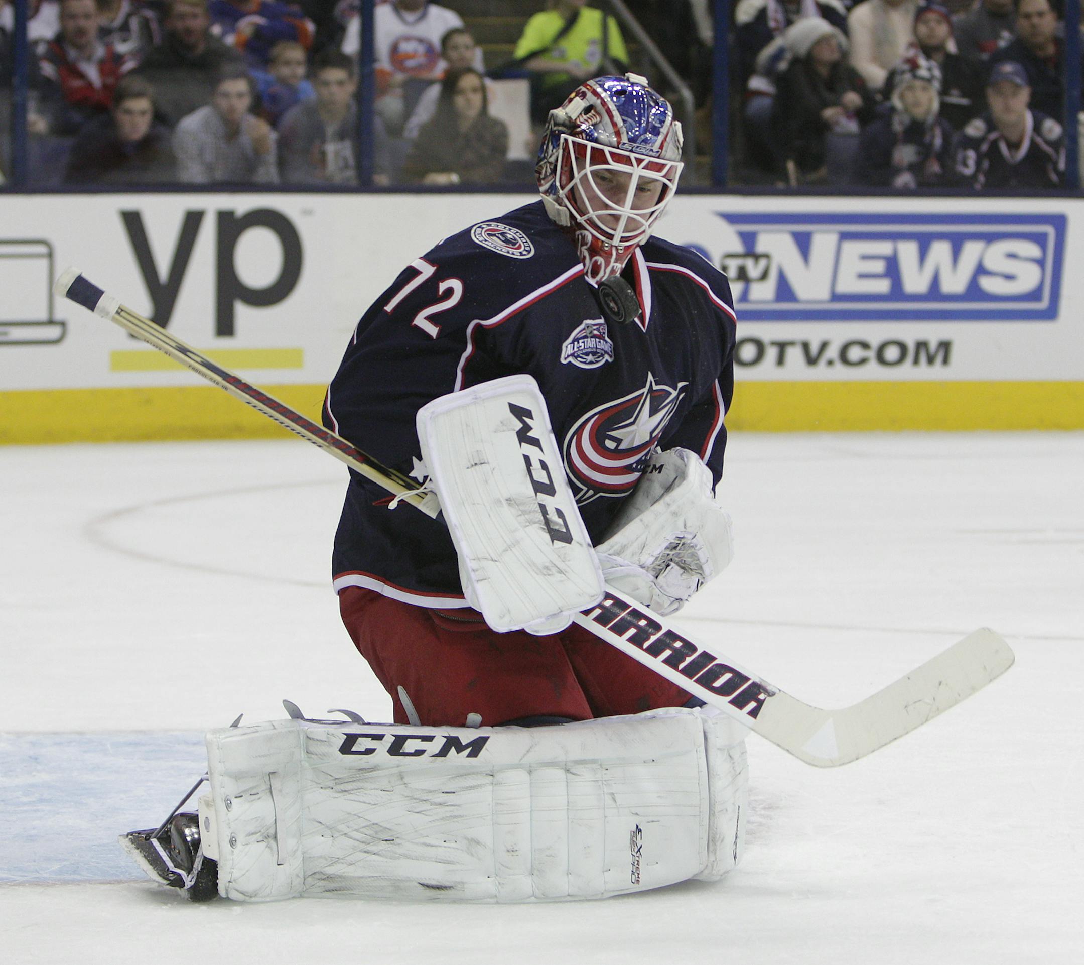 Columbus Blue Jackets' Sergei Bobrovsky, of Russia, plays against the New York Islanders during an NHL hockey game Saturday, Jan. 10, 2015, in Columbus, Ohio. (AP Photo/Jay LaPrete)