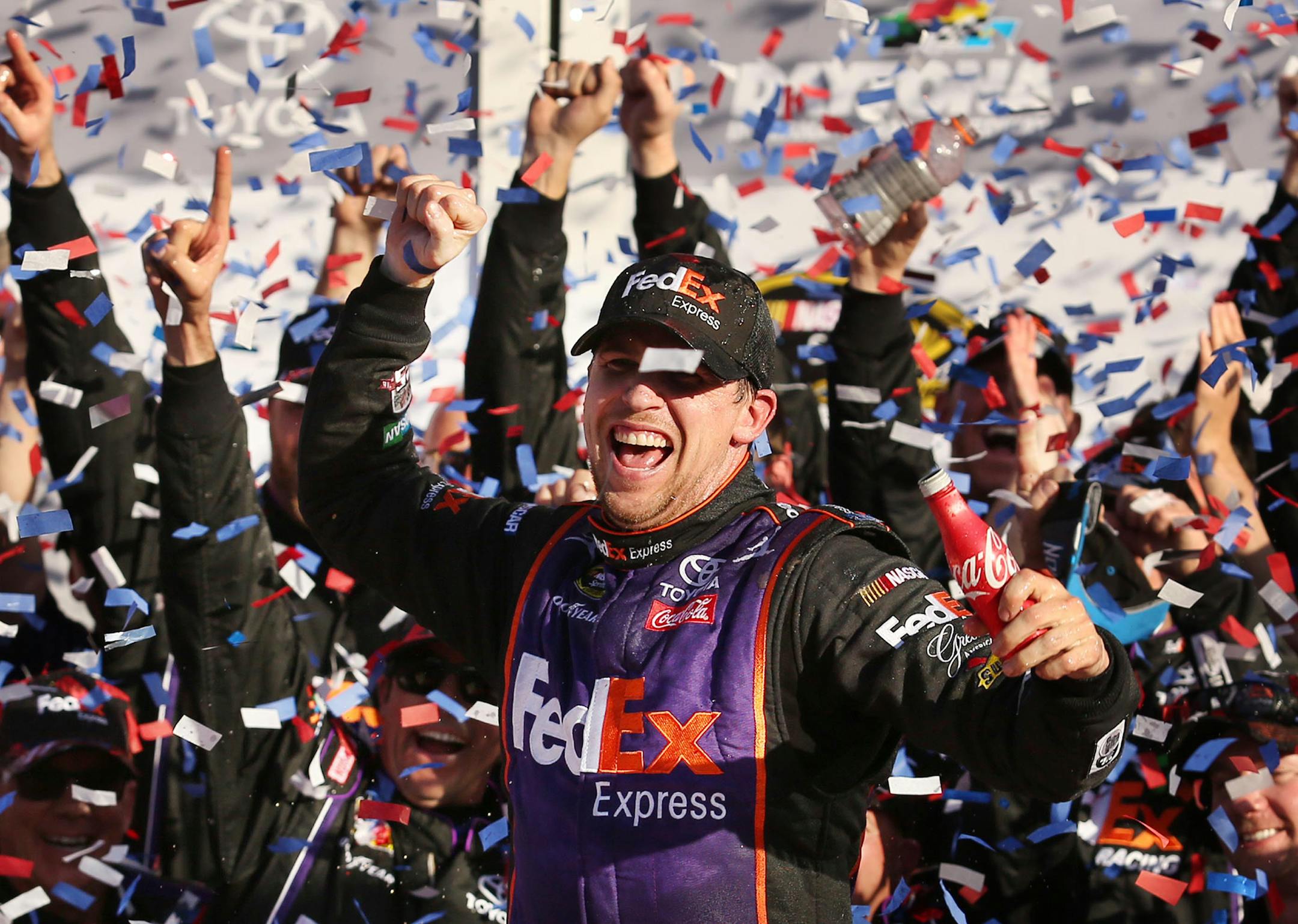 Denny Hamlin celebrated in Victory Lane after winning the Daytona 500 at Daytona International Speedway in Daytona Beach, Fla., on Sunday.