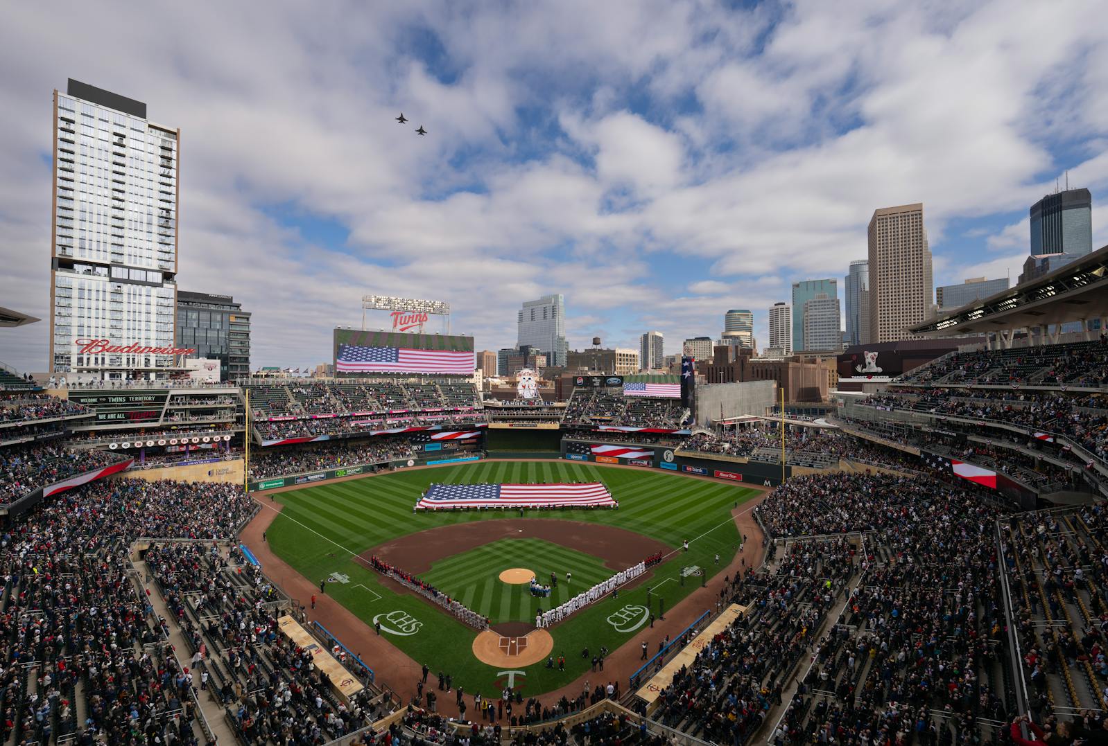 A pair of F-16 Fighting Falcons from the Minnesota National Guard's 148th Fighter Wing perform a flyover on opening day of the Twins' season on April 3 at Target Field.