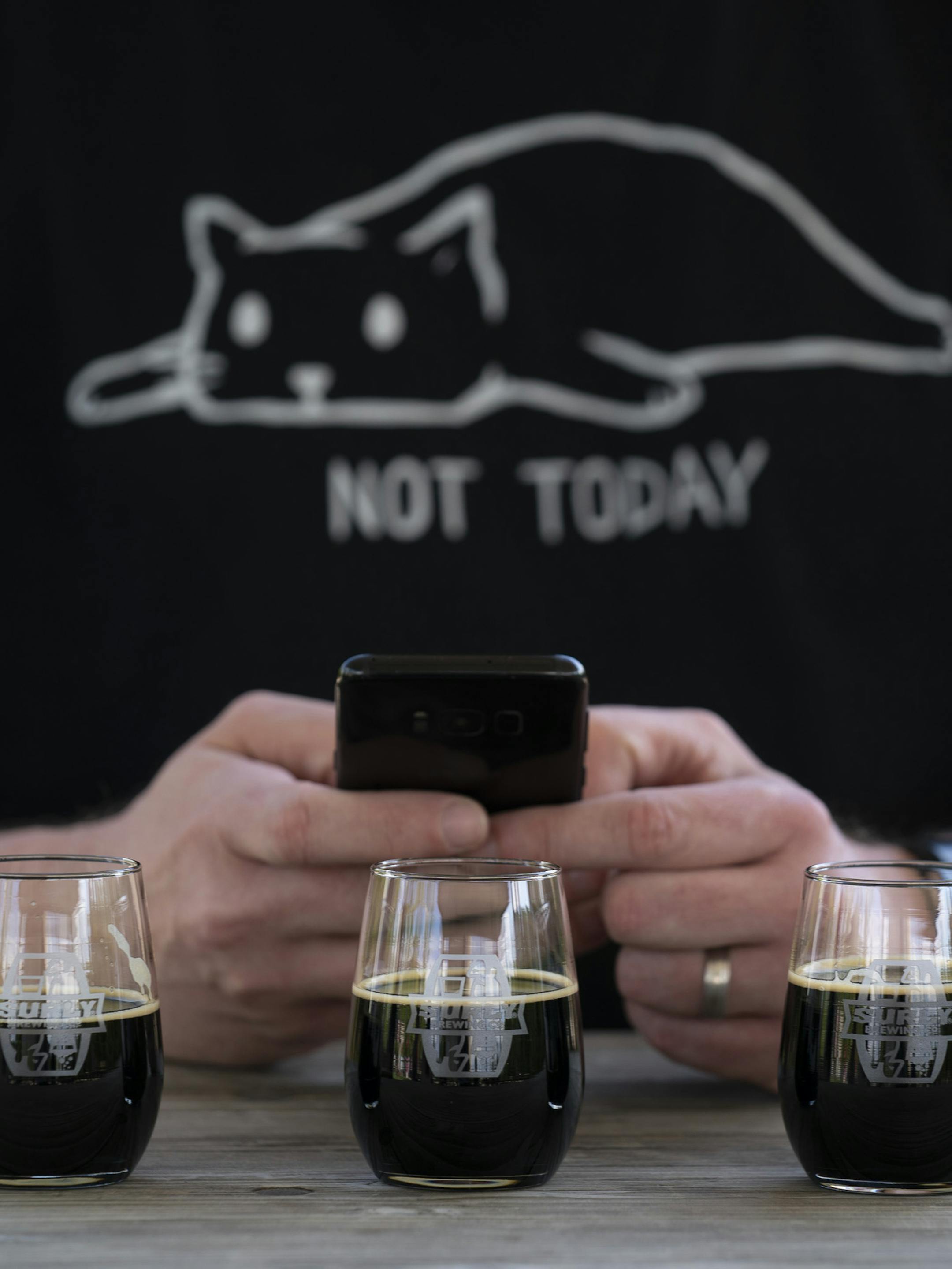 Chris Mannes with a sample flight of last year's Darkness Day beers. He'll be attending the festival for the first time this year. ] JEFF WHEELER • jeff.wheeler@startribune.com In what's become a much anticipated event in the beer community, Surly unveiled their 13th annual Darkness Day Russian Imperial Stout beer and logo at the flagship brewery in Minneapolis Monday evening, June 10, 2019. It was the first time that the beer maker made the unveiling a physical event, as opposed to an on