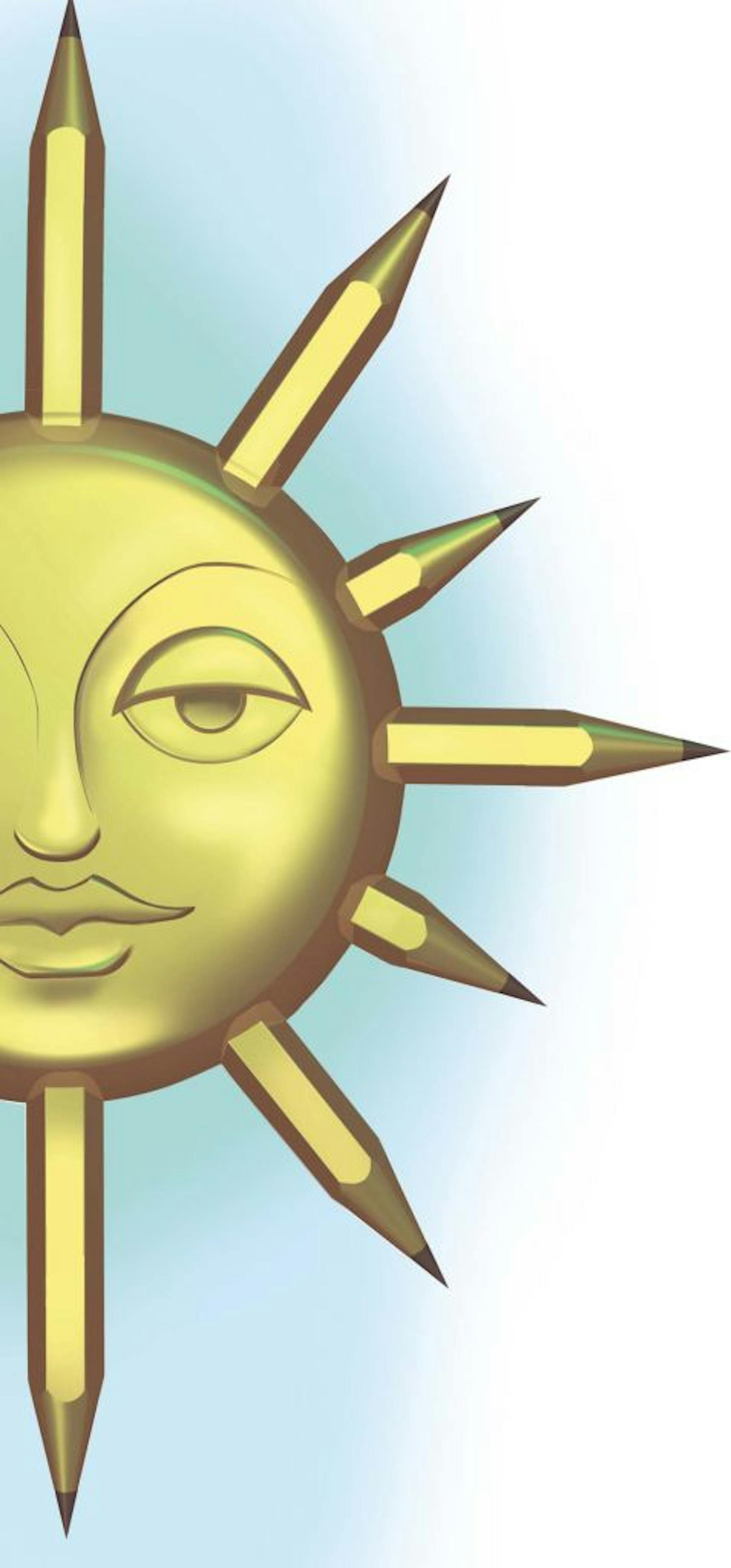 300 dpi John Alvin color illustration of the sun's face radiating sharpened-pencil rays. The Fresno Bee 2007<p> summer tips illustration school sharp sharpened pencil solar ideas sunshine tip points greenhouse global warming climate change hot heat sunburn travel vacation beach homework, 06001000, 06003000, 06011000, 17002000, energy saving, environmental issue, global change, renewable energy, 05010001, krtteacher teacher, learning, pupil, student, teaching, 05000000, 06000000, 17000000, EDU, E