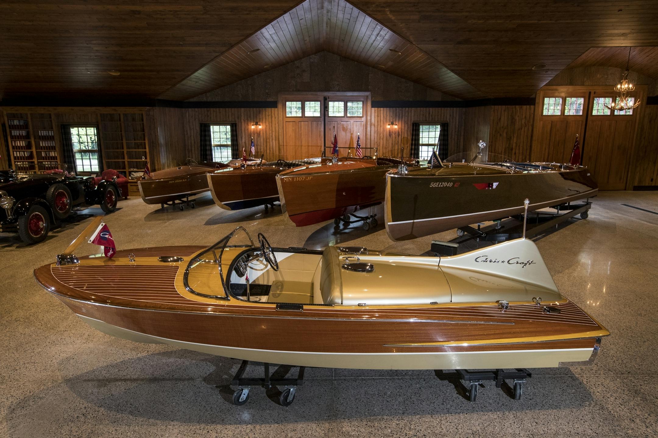 A 1955 18-foot Chris Craft Cobra. Made for only 1-year the Chris Craft Cobra is one of the most recognizable wood boats. Engine options up to 131H.P. and speeds to 40 mph. It is 1 of 52 18-foot models produced. The aircraft inspired tail fin is made of fiberglass foreshadowing the future of boat construction using fiberglass.