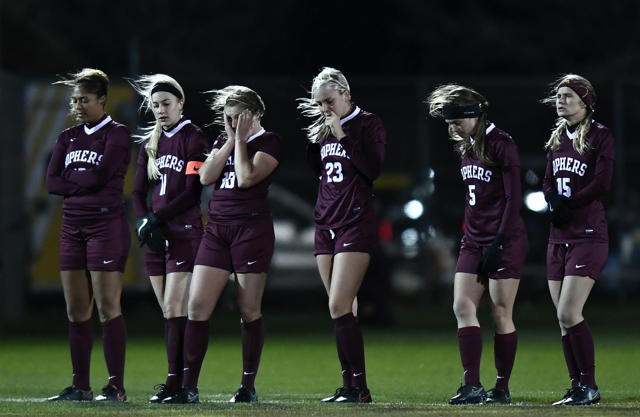 Minnesota players were dejected as NC State took a 3-2 lead in PKs Saturday night. ] (AARON LAVINSKY/STAR TRIBUNE) aaron.lavinsky@startribune.com The University of Minnesota Golden Gophers women's soccer team played North Carolina State in a NCAA tournament game on Saturday, Nov. 12, 1016 at Elizabeth Lyle Robbie Stadium in St. Paul, Minn.