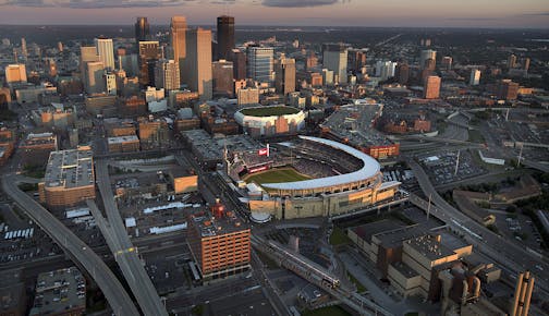 Target Field is situated in the shadow of the Minneapolis skyline.