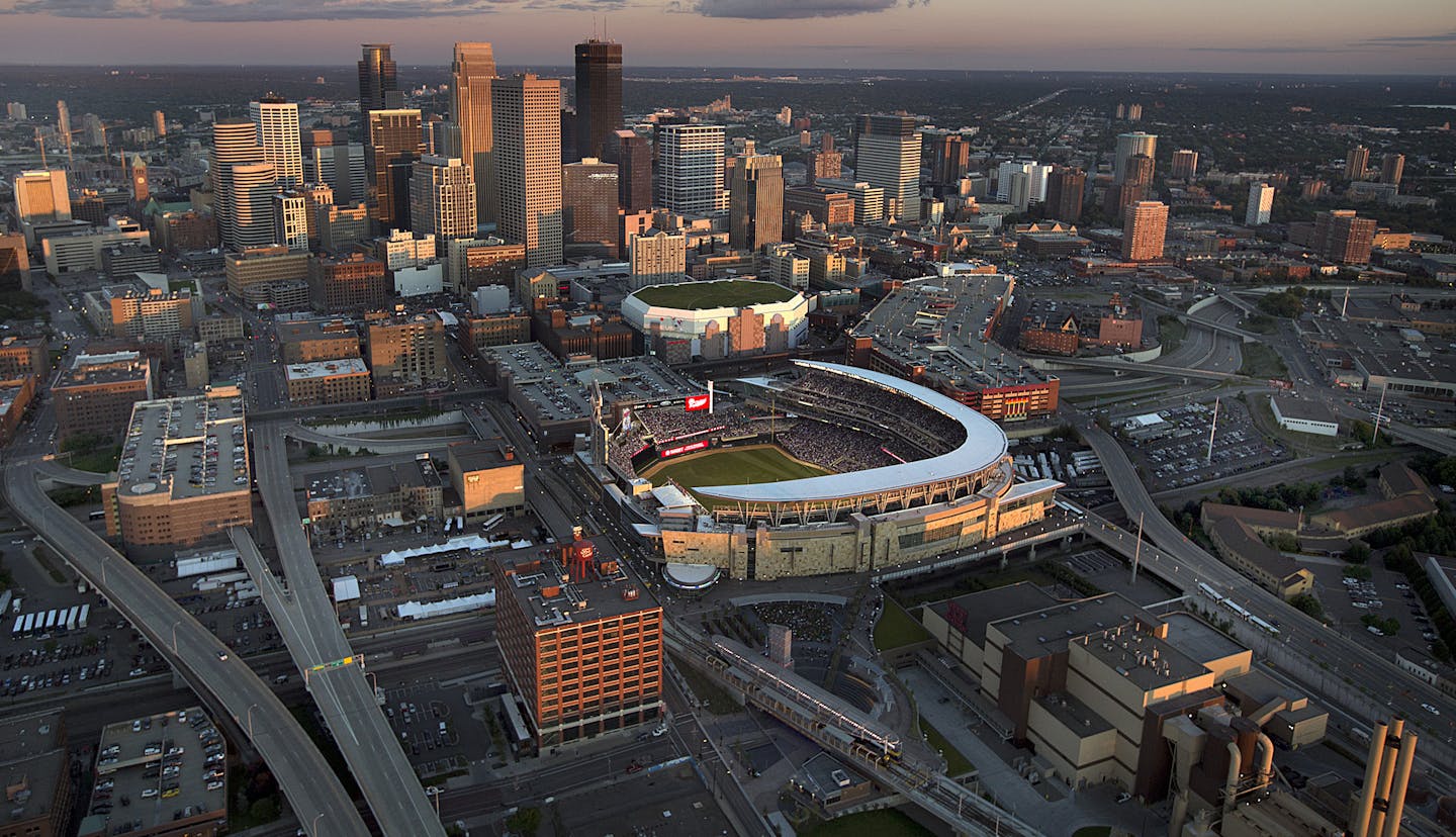 Target Field is situated in the shadow of the Minneapolis skyline.