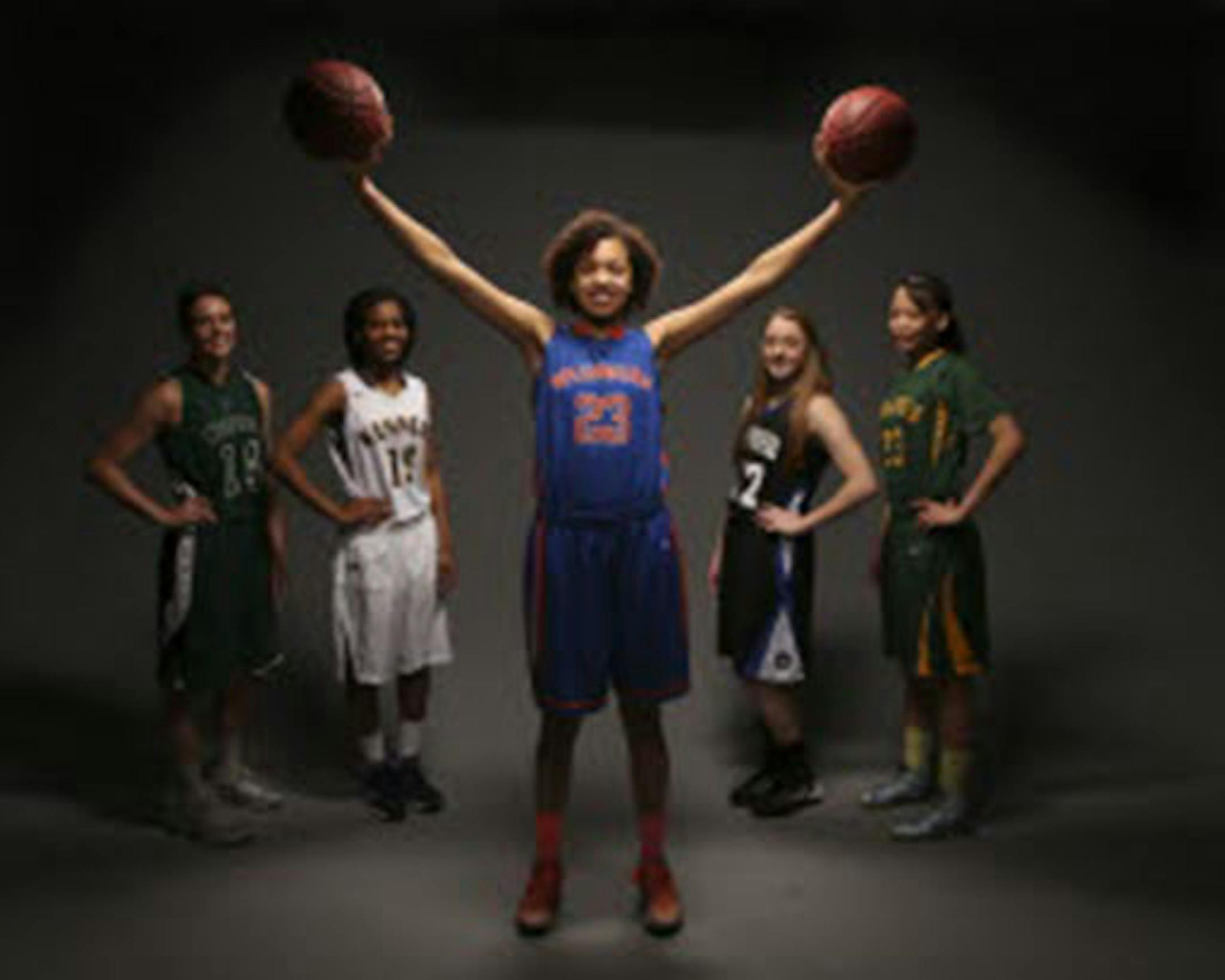 The Star Tribune's All-Metro girls' basketball team gathered in the studio for a portrait Sunday afternoon. They are, from left, Sydney Lamberty, Park of Cottage Grove; Kenisha Bell, Bloomington Kennedy; Player of the Year Chase Coley, Minneapolis Washburn; Madison Guebert, Eastview; and Cayla McMorris, Park Center.