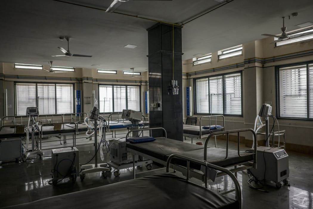 A dust-covered ward at the Amravati Super Speciality Hospital, which treated COVID-19 patients infected by the delta variant during the height of the outbreak there.