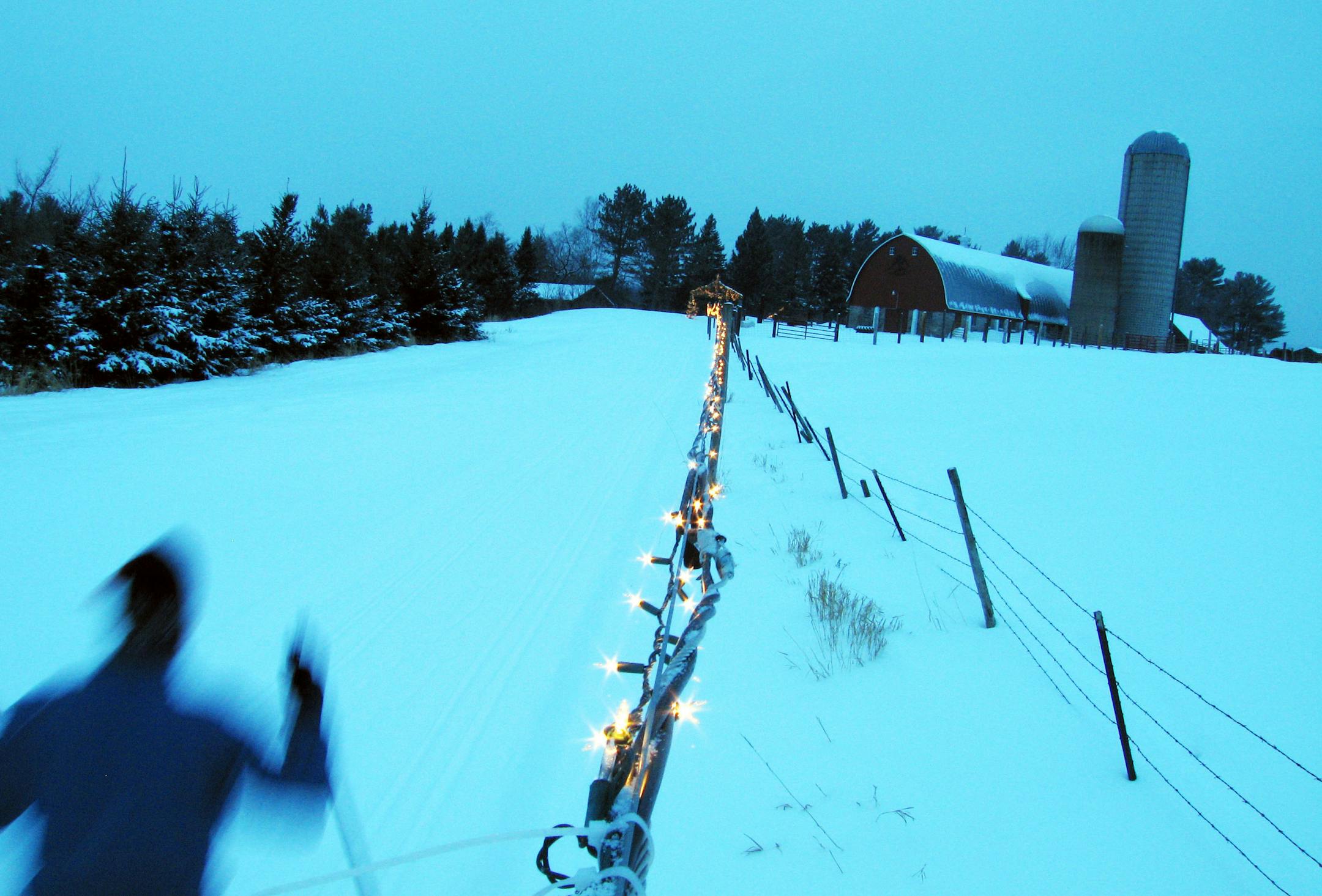A short ski loop is lighted 24 hours a day at Palmquist's Farm, a working farm and cross-country ski resort near Prentice, Wis.
