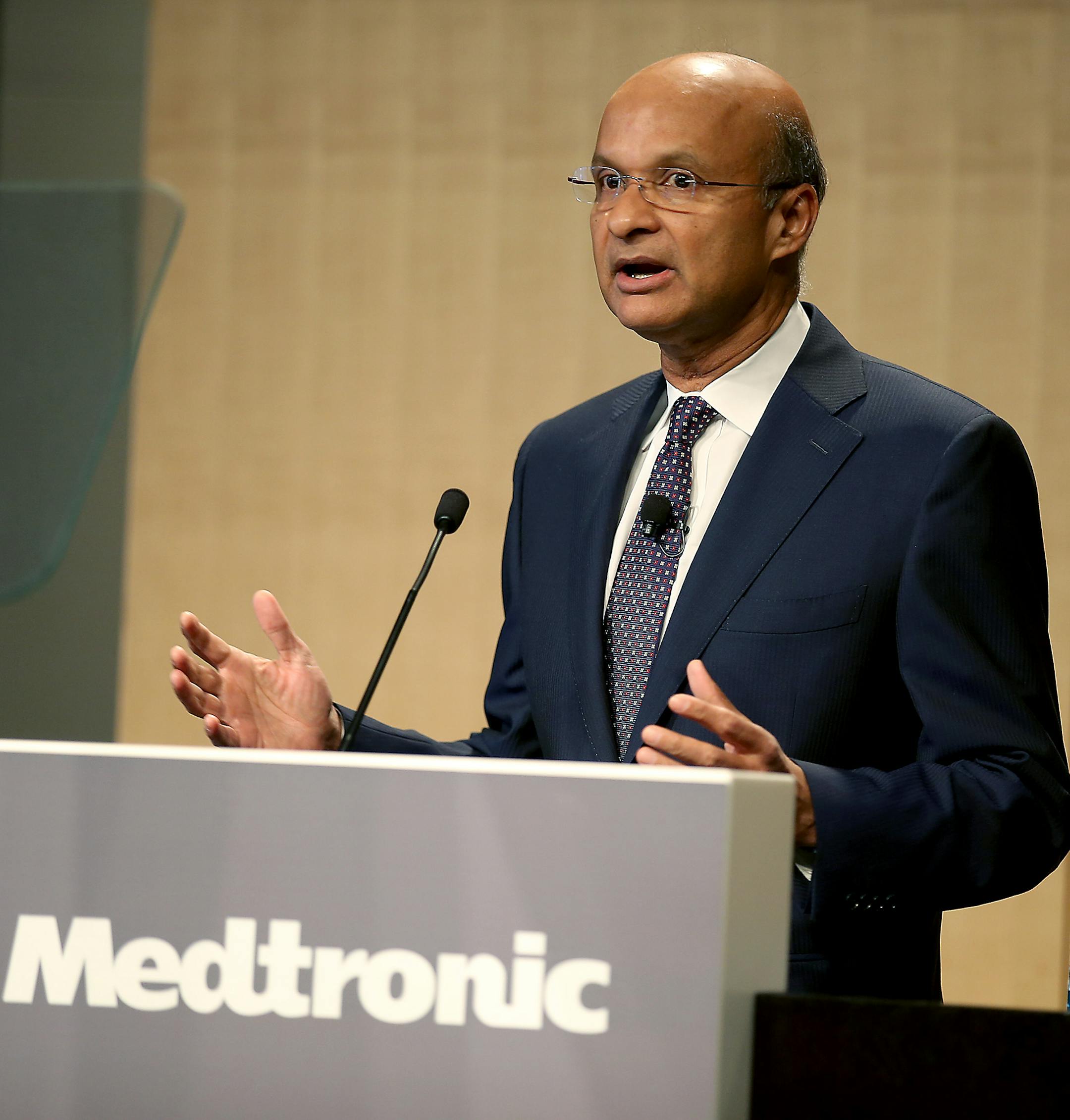 Medtronic CEO, Omar S. Ishrak led the Medtronic annual shareholder meeting, Thursday, August 21, 2014 in Mounds View, MN. It is the first shareholders meeting since the company announced its intention to move to Ireland through the Covidien purchase. ] (ELIZABETH FLORES/STAR TRIBUNE) ELIZABETH FLORES � eflores@startribune.com