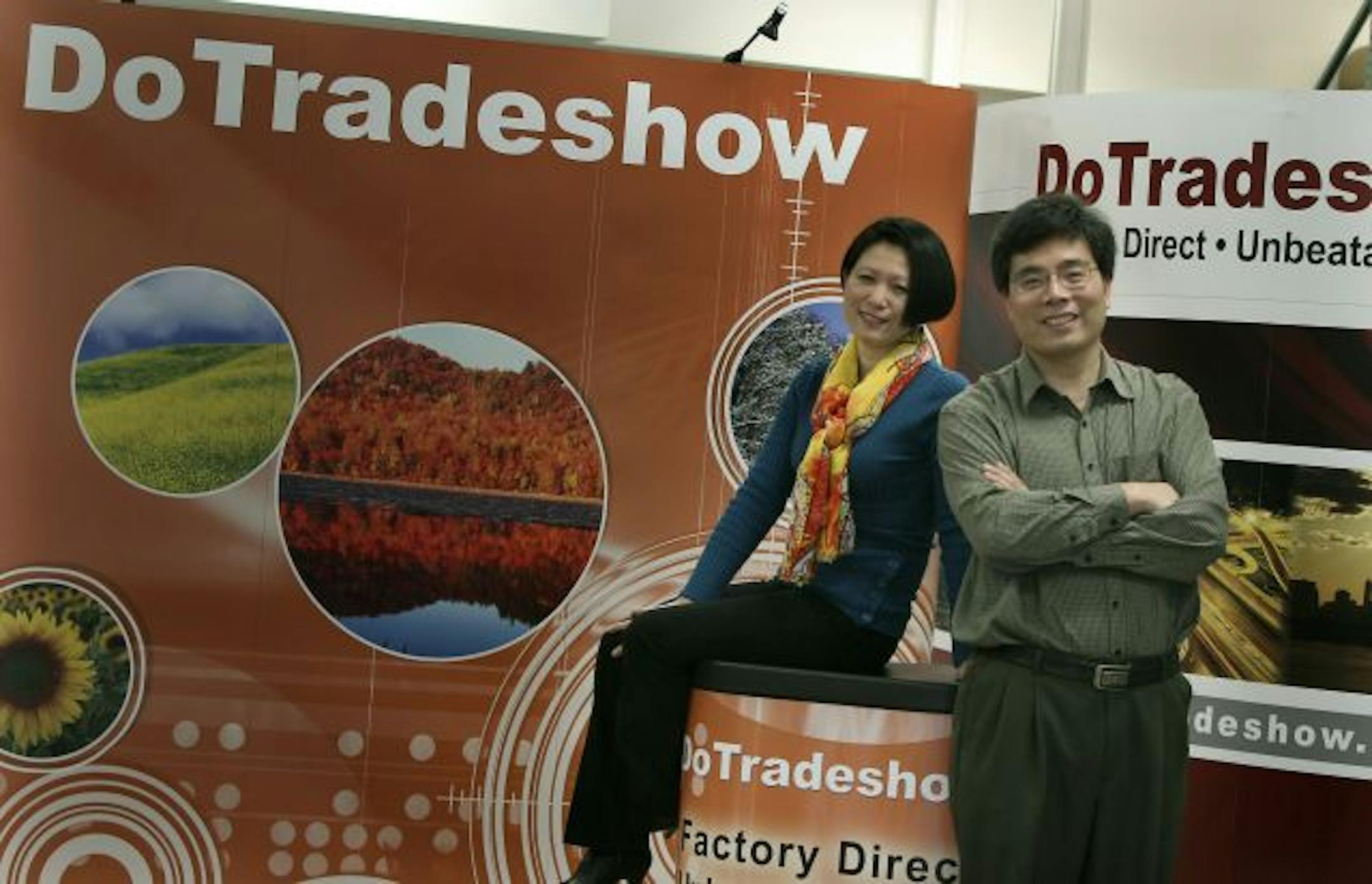 Jenny Cai and Jeff Xie are co-owners of DoTradeshow, which makes pop-up portable trade-show displays, banners and related products. Their marketing is all word-of-mouth referrals.