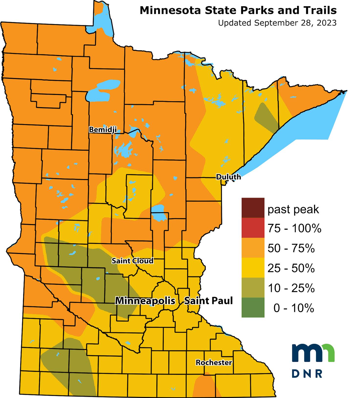 A map of Minnesota showing peak fall colors.