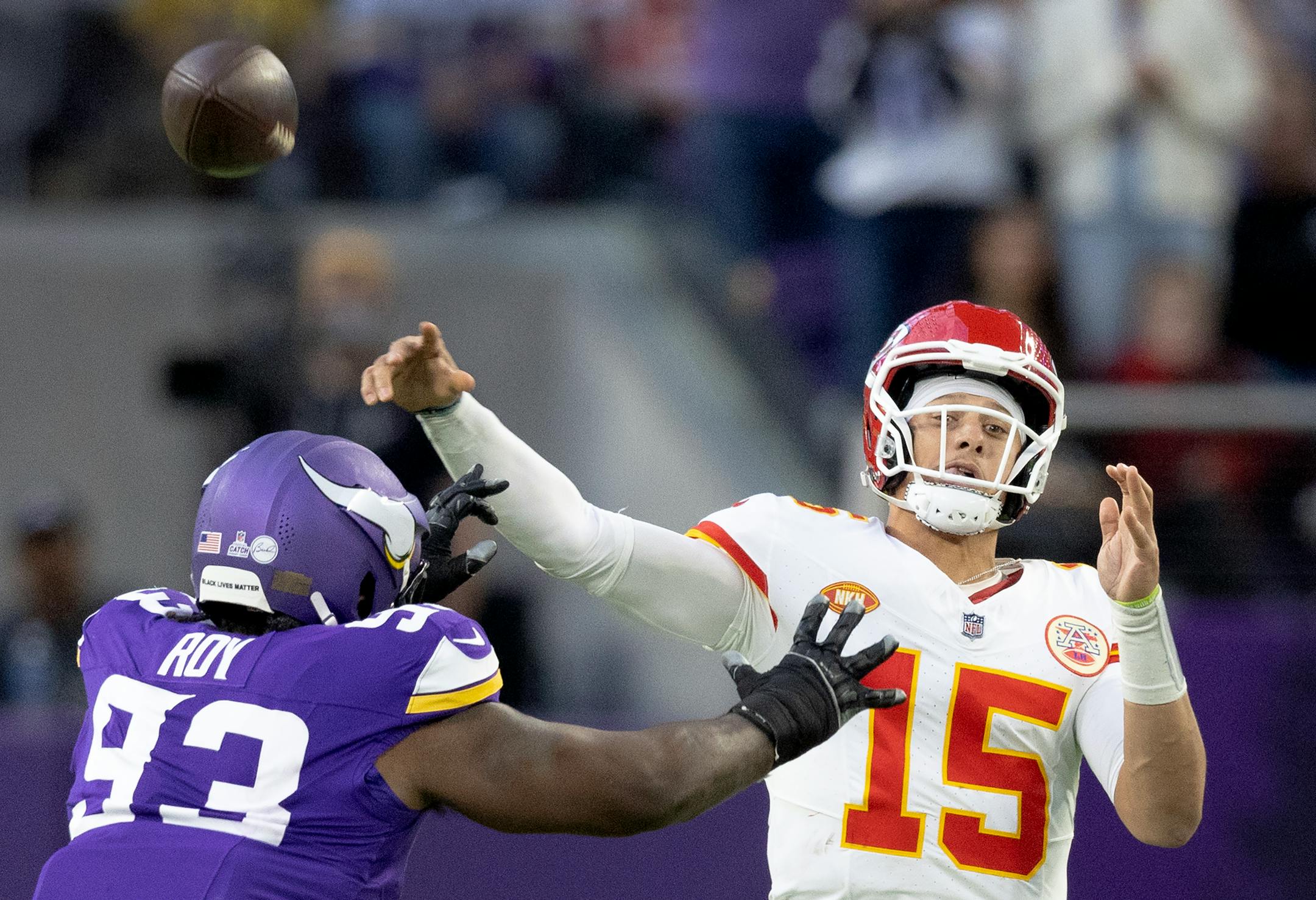 Kansas City Chiefs quarterback Patrick Mahomes (15) attempts a pass in the third quarter.