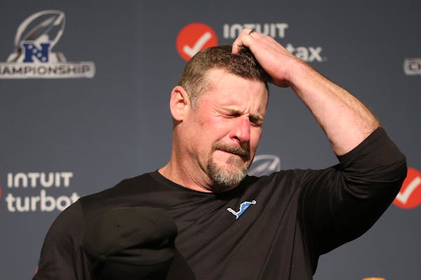 Detroit Lions head coach Dan Campbell speaks at a news conference after the NFC Championship game.