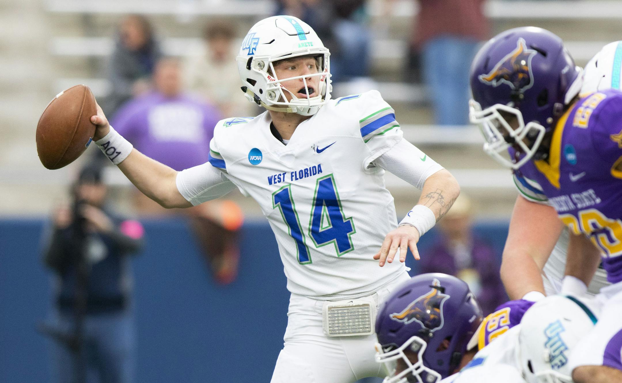 West Florida quarterback Austin Reed throws downfield during the Division II championship NCAA college football game against Minnesota State, Saturday, Dec. 21, 2019, in McKinney, Texas. (AP Photo/Gareth Patterson)