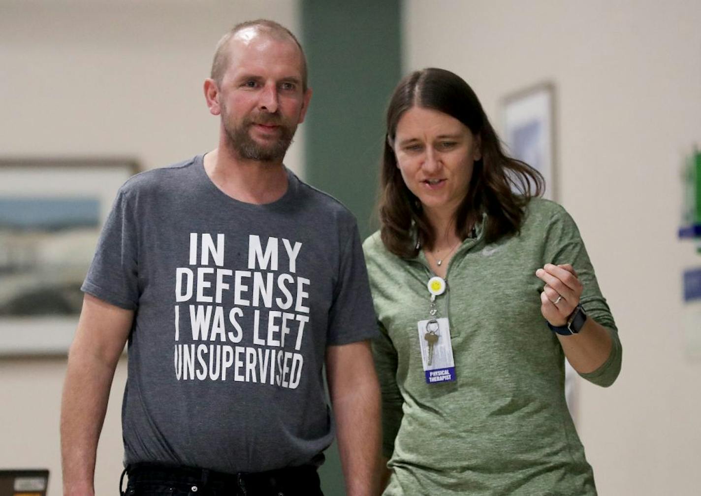 Justin Siltala of Cokato worked with HCMC physical therapist Kristy Ton Thursday, March 1, 2018, at HCMC in Minneapolis, MN. Sultana sustained a gruesome facial injury last November on his construction job, requiring brain surgery and reconstruction using a 3D printer to create a bone fragment for implant. HCMC is the first hospital in Minnesota to employ the technique.