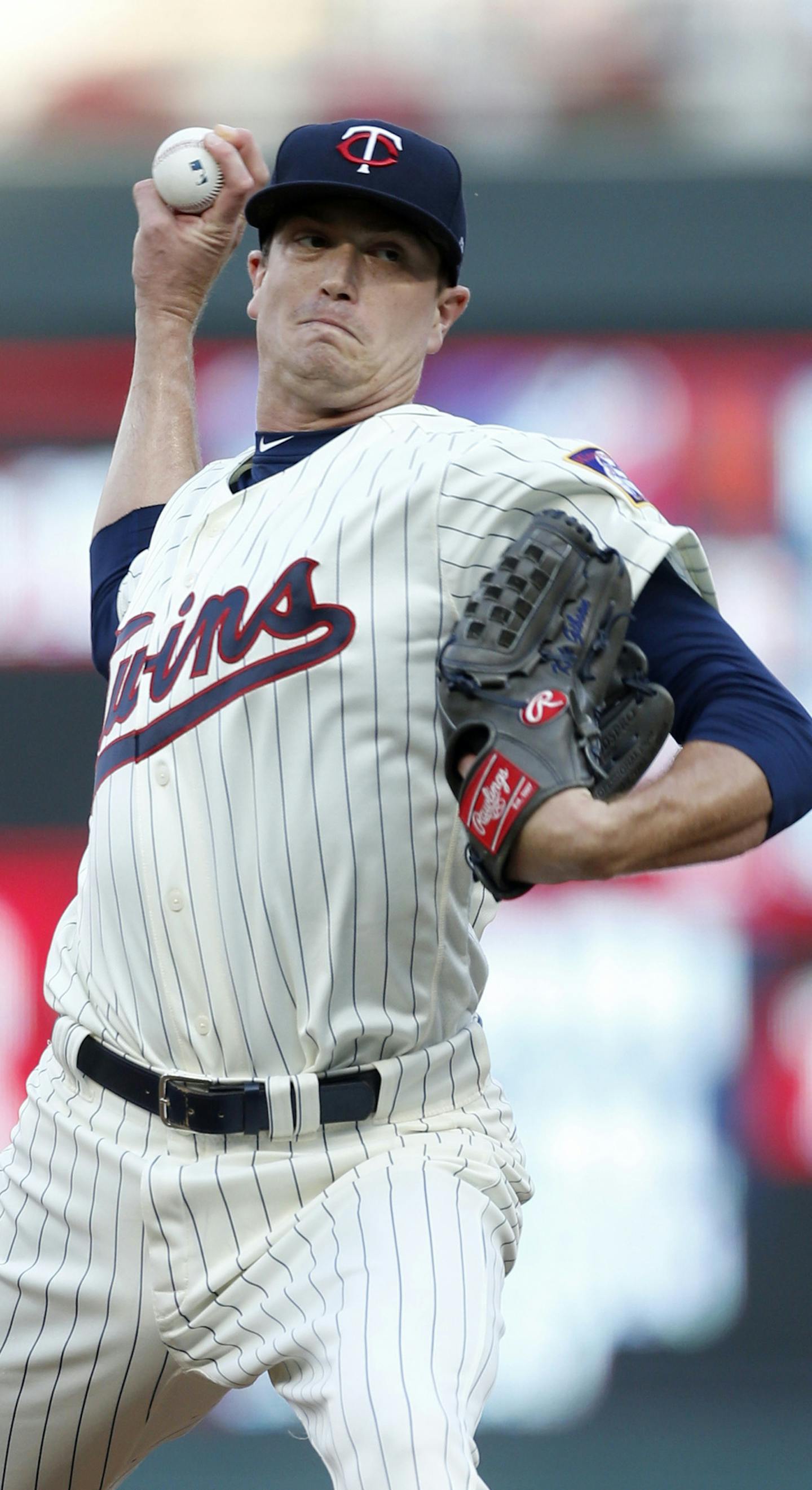 Minnesota Twins pitcher Kyle Gibson throws against the Kansas City Royals in the first inning of a baseball game Saturday, Sept, 2, 2017, in Minneapolis. (AP Photo/Jim Mone)