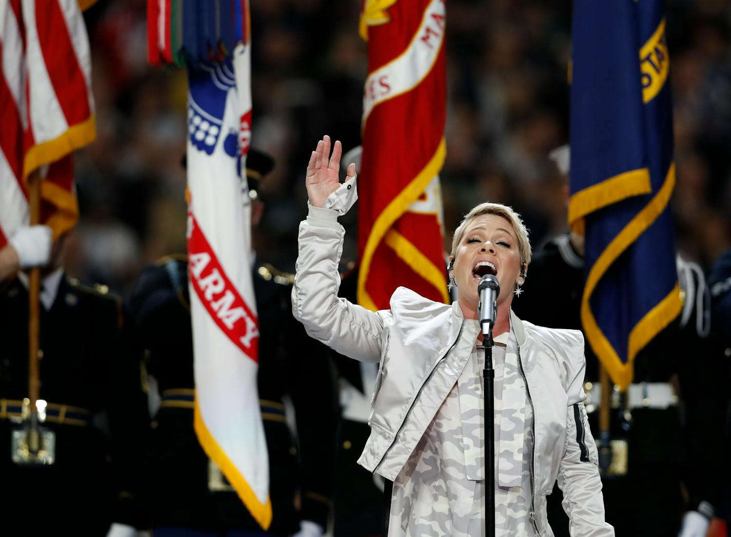 Pink sang the national anthem Sunday before the start Super Bowl LII at U.S. Bank Stadium in Minneapolis.