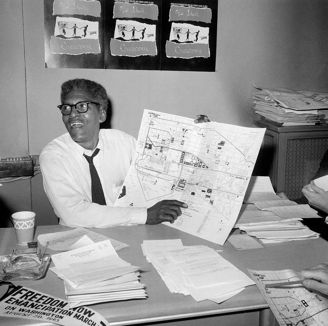 During a news conference in New York on Aug. 24, 1963, Bayard Rustin, deputy director of the planned March on Washington, points to a map showing the route of the Aug. 28, 1963 Civil Rights march.