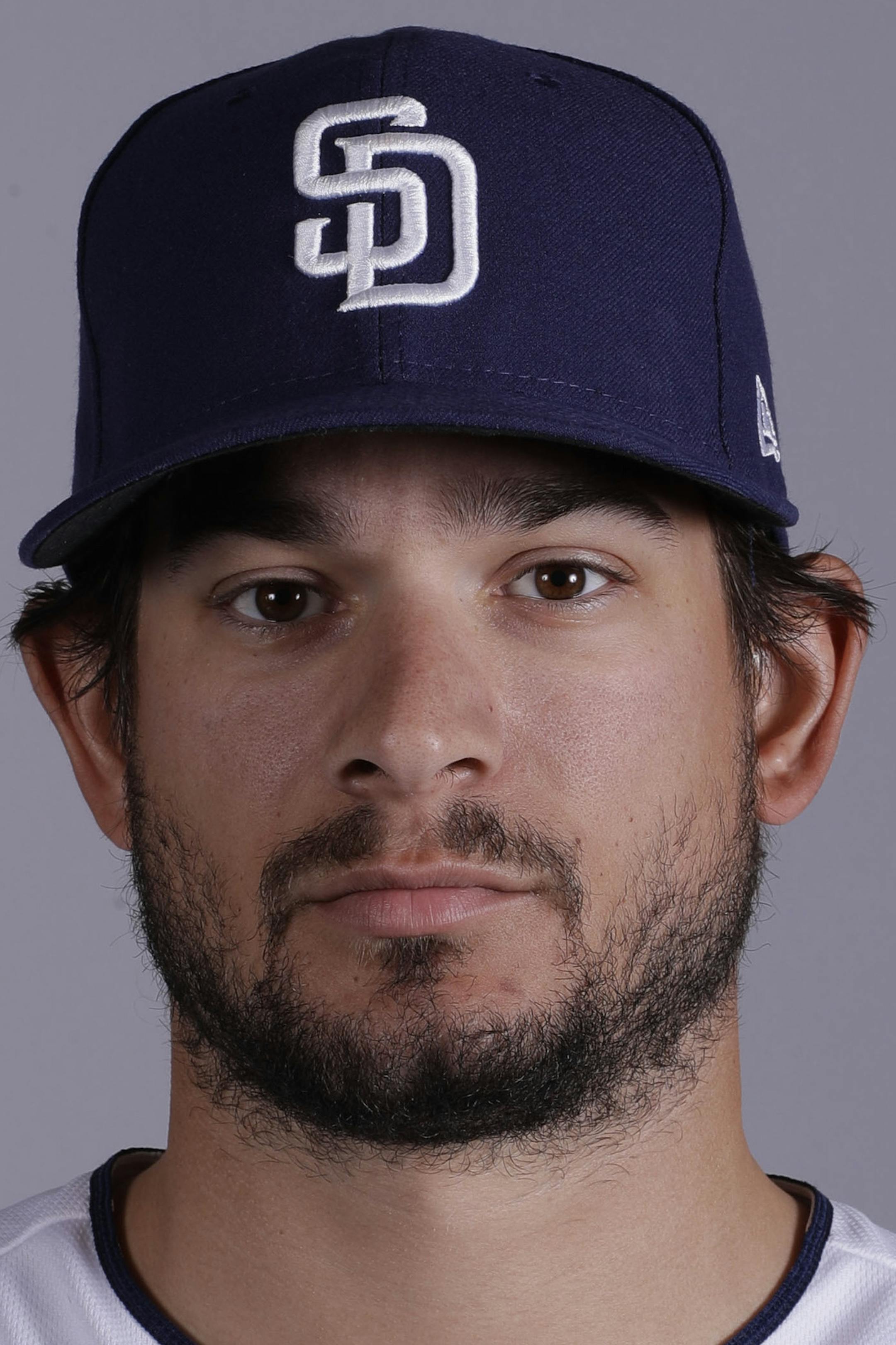This is a 2017 photo of Brad Hand of the San Diego Padres baseball team. This image reflects the San Diego Padres active roster as of Sunday, Feb. 19, 2017, when this image was taken. (AP Photo/Charlie Riedel) ORG XMIT: NYKV1323