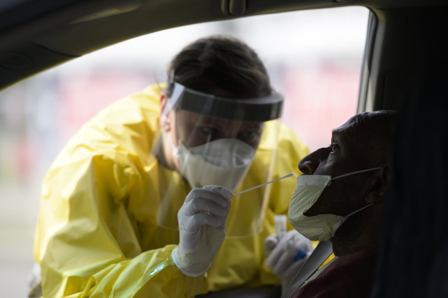 Kristin Anderson, a medic with the Minnesota Air National Guard&#x2019;s 133rd Medical Group, administered a free COVID-19 test to Jimmie Turner, 65, of Stillwater.