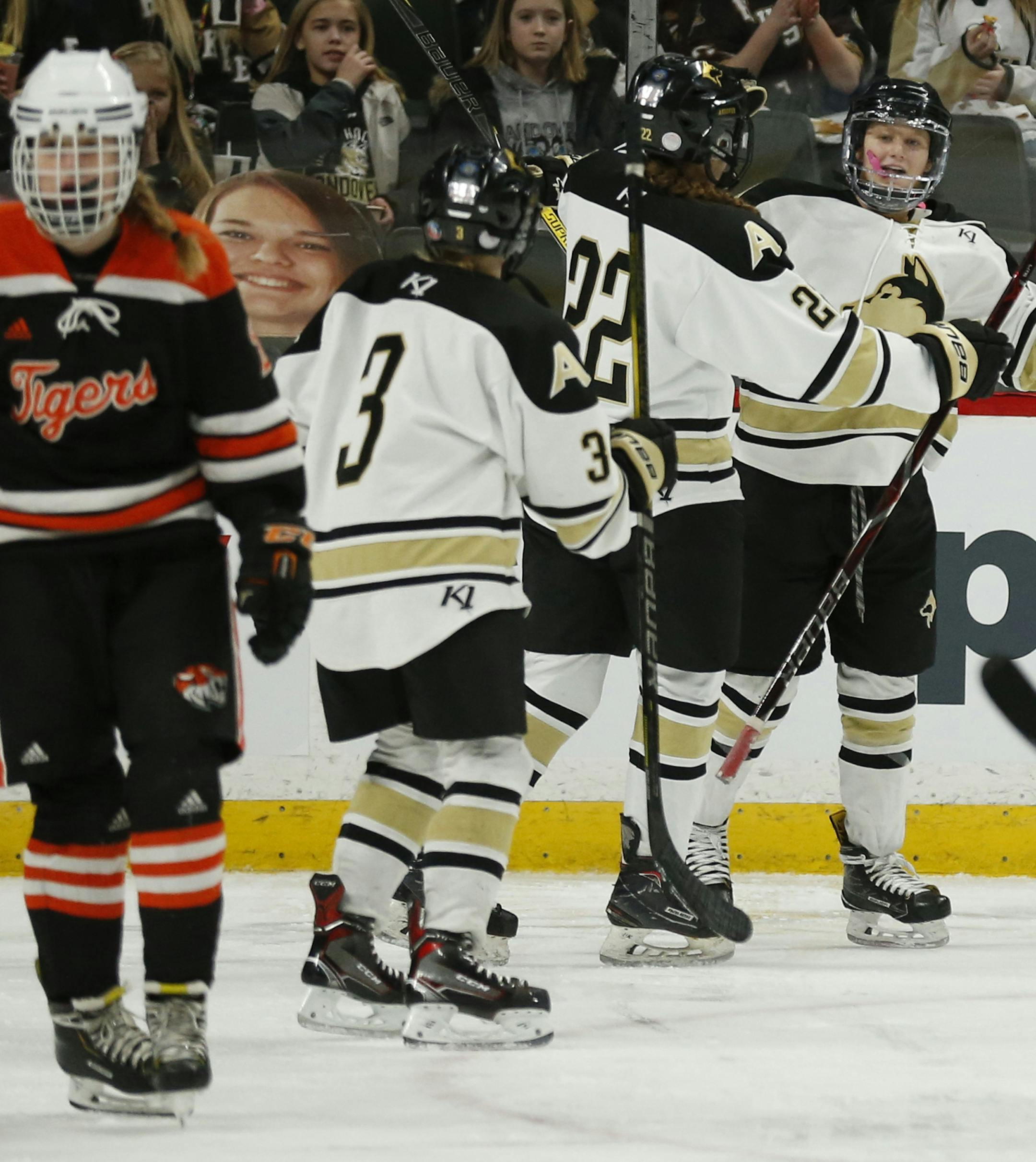 The Andover Huskies celebrated after Elisebeth Tammi (9) scored a short-handed goal in the second. ] Shari L. Gross ¥ shari.gross@startribune.com Andover defeated Farmington 7-1 in a Class 2A quarterfinal hockey game at the MSHSL hockey tournament on Thurssday, Feb. 21, 2019 at the Xcel Energy Center in St. Paul, Minn.