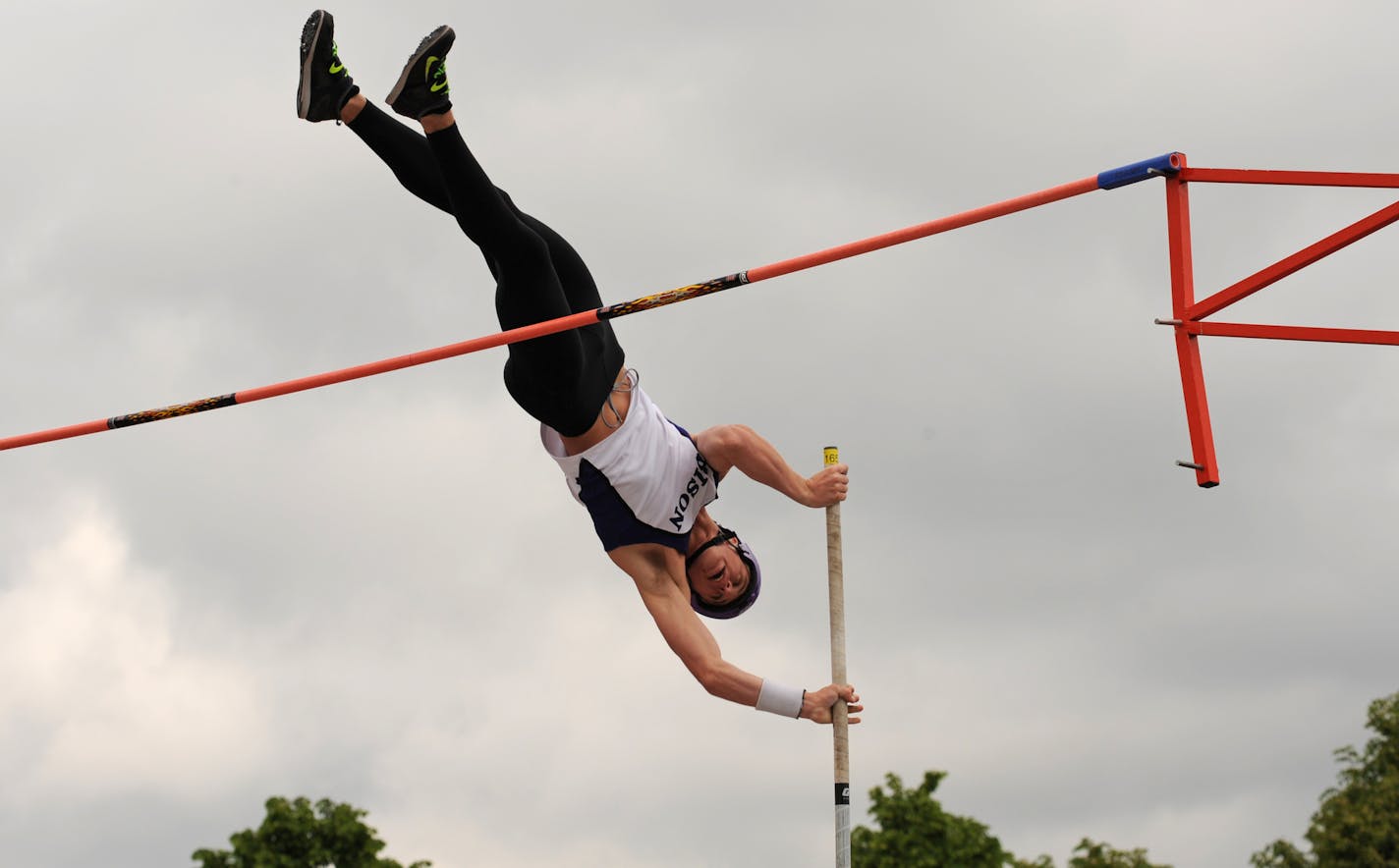 Mitchell Valli of Buffalo won the Boy's pole vault with a vault of 15 feet and 7 and 1/2 inches at the State 2A Track Meet at Hamline University Stadium in St Paul, Minn. Friday June 7, 2013] Richard.Sennott@startribune.com Richard Sennott/Star Tribune. , St Paul, Minnesota Friday 6/7/13) ** (cq)