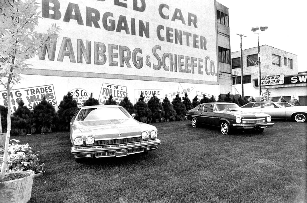 A car dealership in northeast Minneapolis, photographed in 1973.