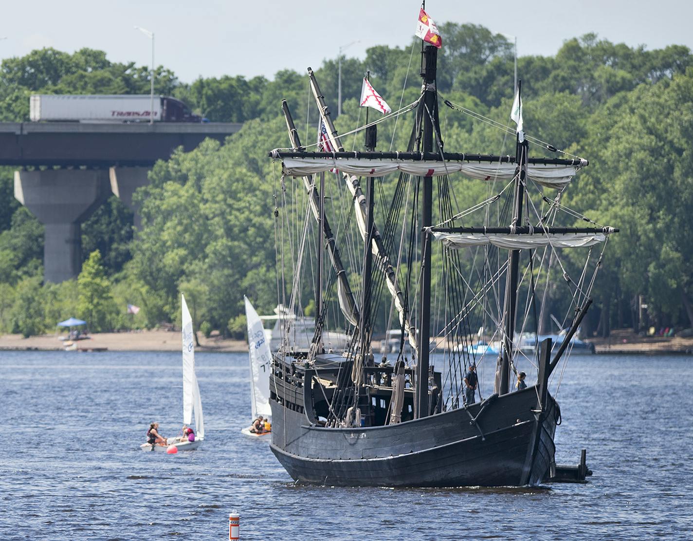 The Nina, right, and Pinta sailed up the St. Croix River towards the city of Hudson's docks on Thursday. ] Isaac Hale &#xd4; isaac.hale@startribune.com The Pinta and the Nina, replicas of Christopher Columbus' ships, sailed into the city docks of Hudson, WI, on Thursday, July 7, 2016. ORG XMIT: MIN1607071426232140