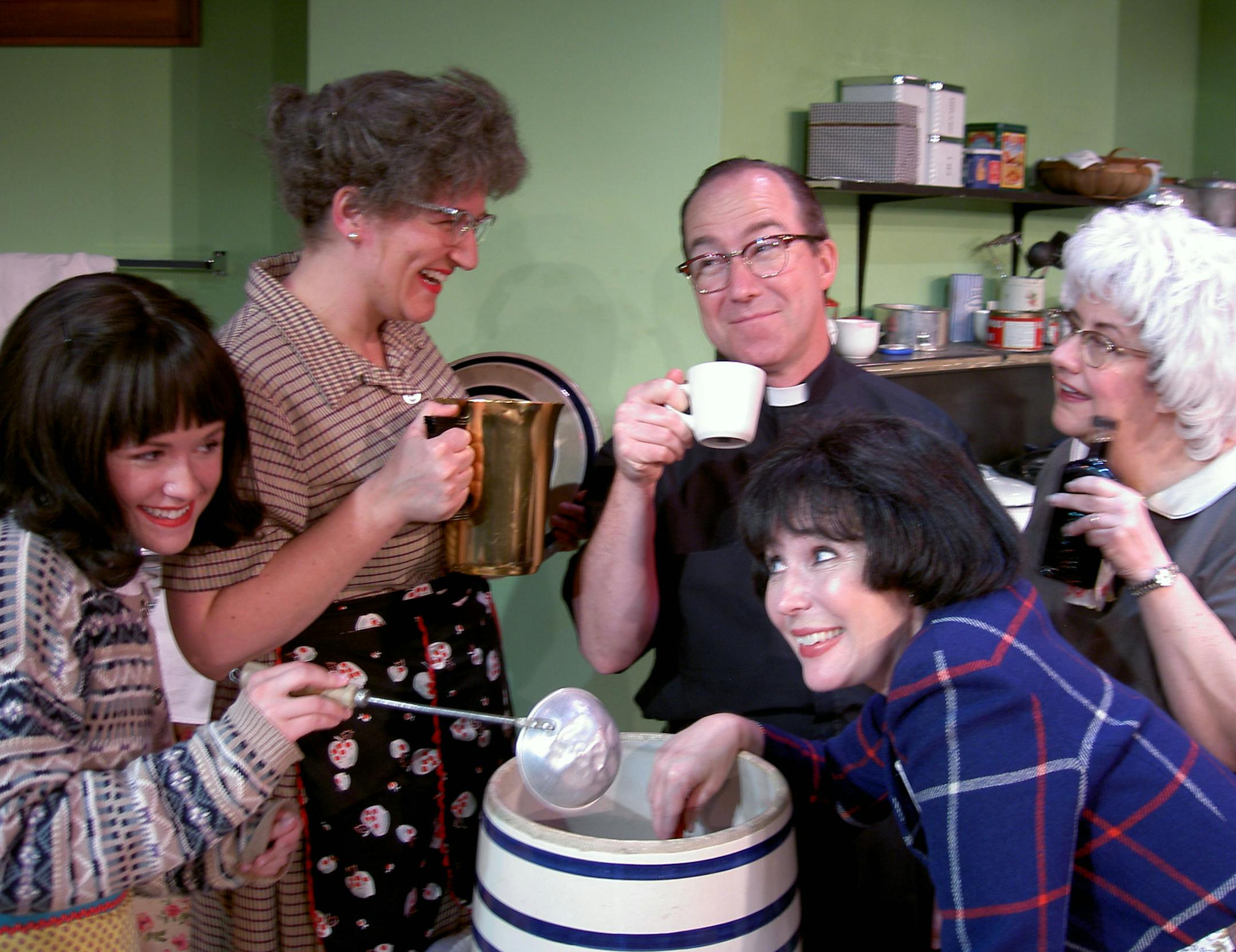 Photo Credit: Paul Nixdorf Photo ID: left-right: Tara Borman (Signe Engelson), Greta Grosch (Mrs. Gilmer Gilmerson-Mavis), Tim Drake (Pastor E.L. Gunderson), Dorian Chalmers (Mrs. Elroy Engelson-Karin), Janet Paone (Mrs. Lars Snustad-Vivian)