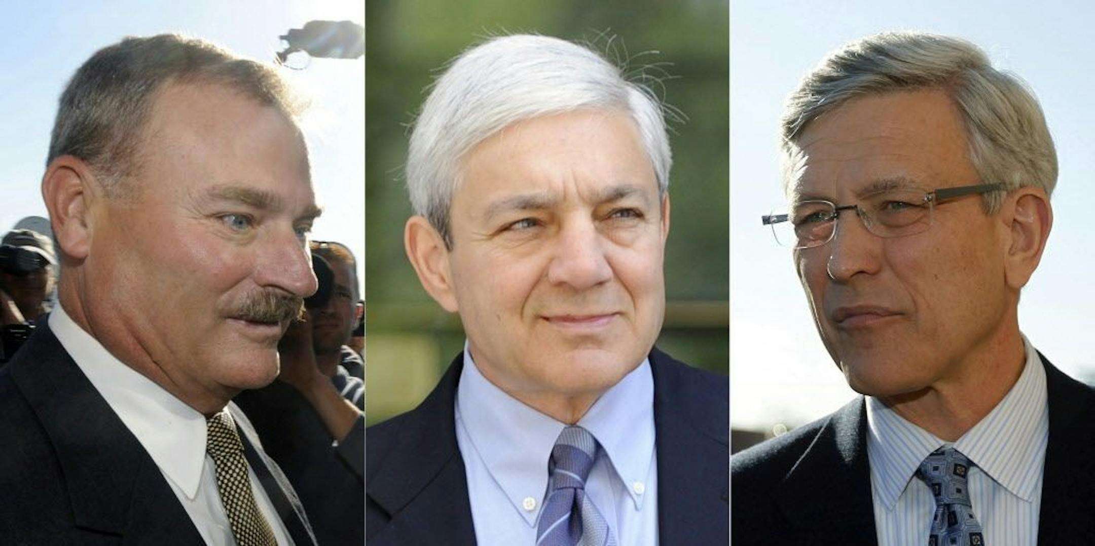 FILE � This file photo combination shows former Penn State vice president Gary Schultz, left, former Penn State athletic director Tim Curley, right, and former Penn State President Graham Spanier, center, in Harrisburg, Pa. Schultz, Curley and Spanier are scheduled to be sentenced for child endangerment Friday, June 2, 2017, in Harrisburg, Pa., for failing to report now-convicted sexual predator Jerry Sandusky to authorities in 2001.