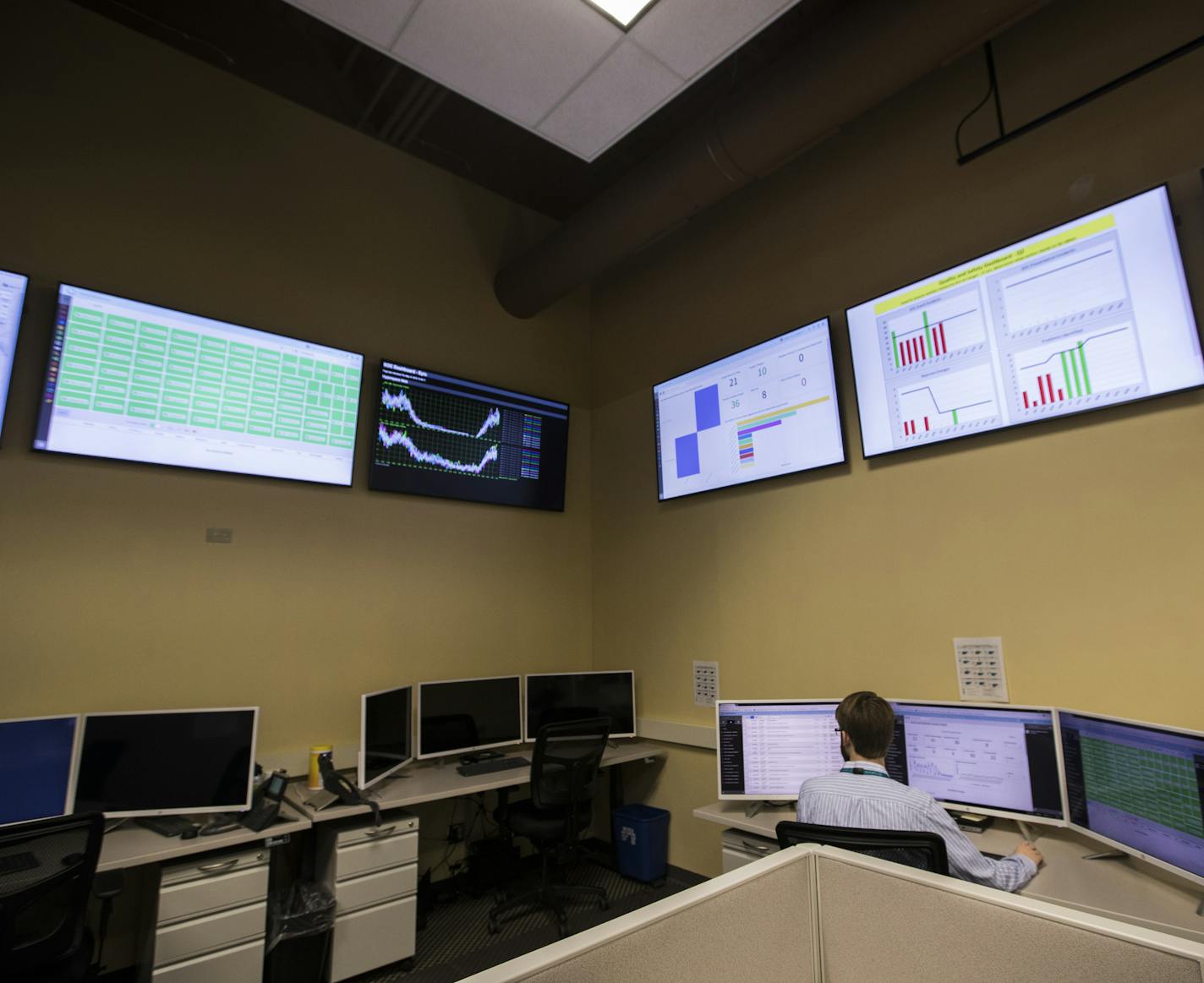 Tyler Schultz worked on a computer in the IT Operations Center at Fairview Health Services on May 31, 2018, in Minneapolis, Minn. The new center will be fully operational with more workers in the coming months. ] RENEE JONES SCHNEIDER &#x2022; renee.jones@startribune.com