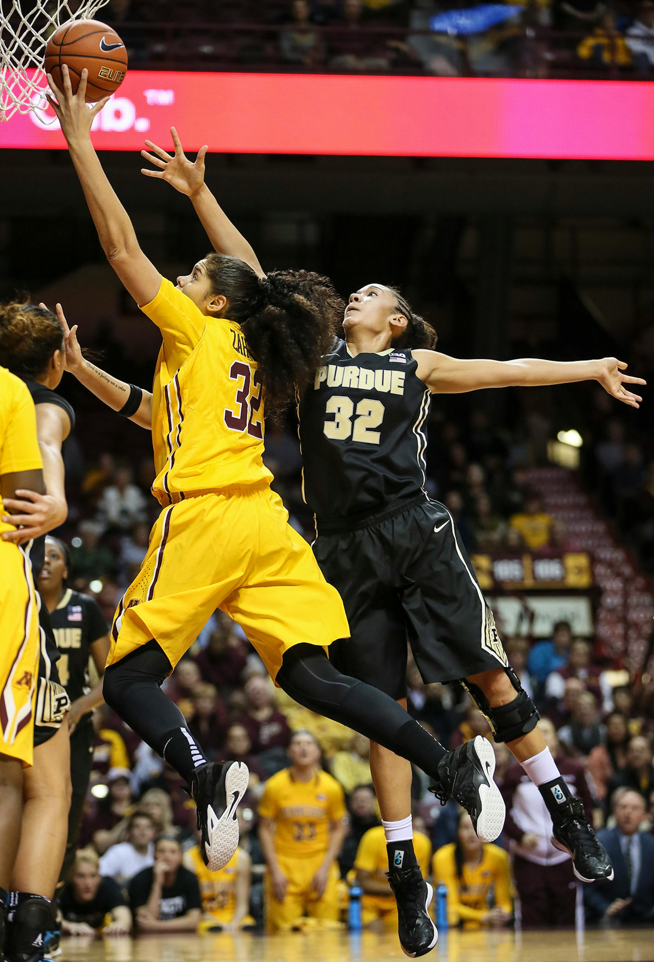 Gophers Amanda Zahui B. (32) went for a shot against Purdues Whitney Bays (32) during the second half. ] RENEE JONES SCHNEIDER • reneejones@startribune.com Minnesota Gophers women's basketball verse. Purdue Boilermakers at Williams Arena at the University of Minnesota on Thursday, January 22, 2015 in Minneapolis, Minn.