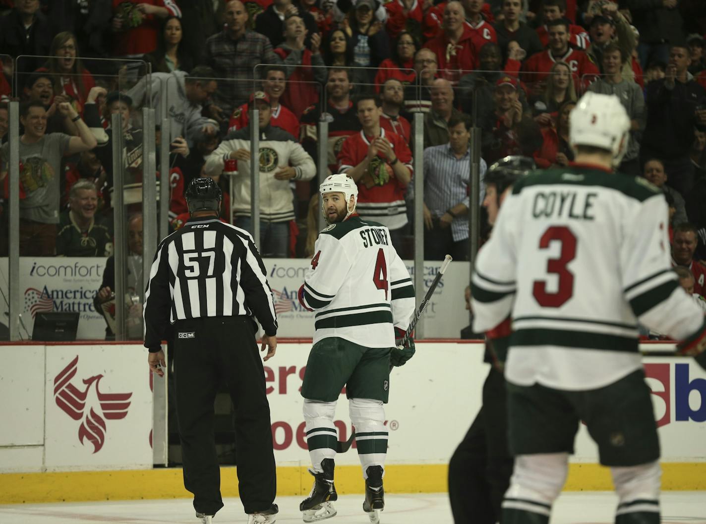 Minnesota Wild defenseman Clayton Stoner (4) headed to the penalty box in the first period Sunday afternoon at United Center in Chicago.