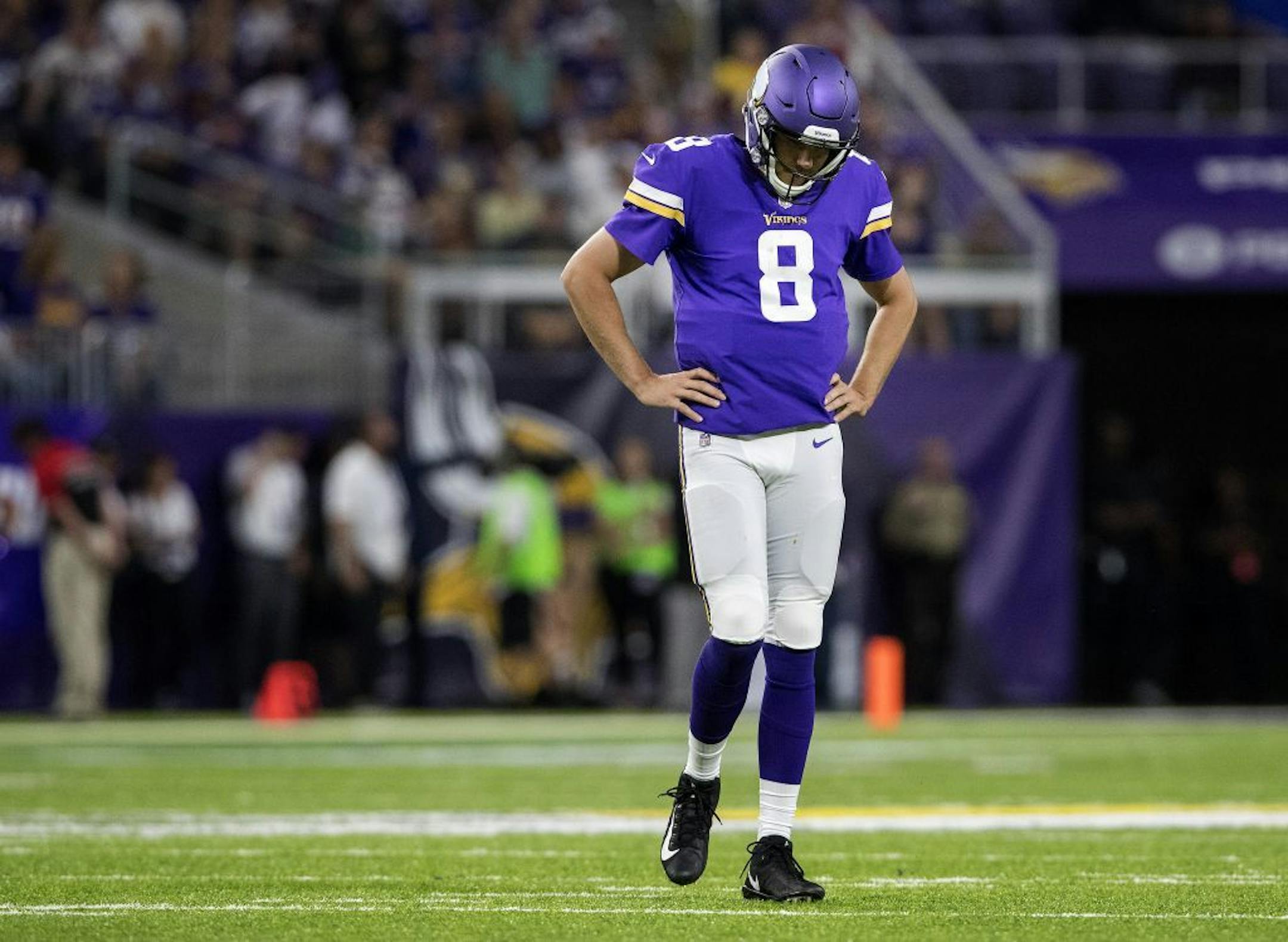 Minnesota Vikings quarterback Sam Bradford is out for Sunday's game against the Buccaneers with a knee injury. It's his second consecutive missed game.