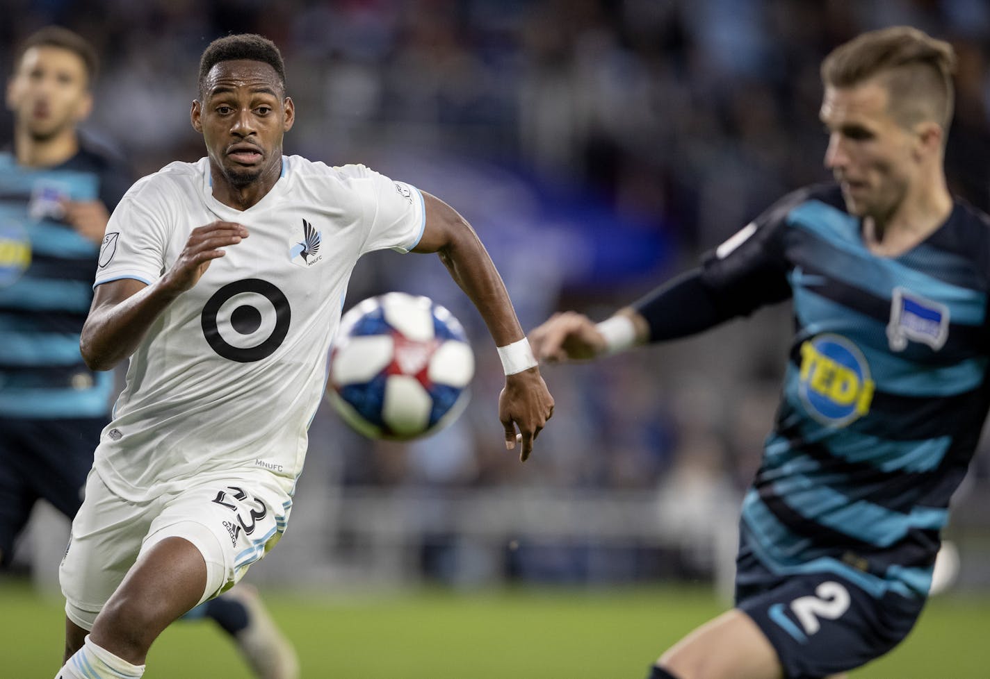 Mason Toye (23) of Minnesota United chased the ball in the second half. ] CARLOS GONZALEZ &#x2022; cgonzalez@startribune.com &#x2013; St. Paul, MN &#x2013; May 22, 2019, Allianz Field, MLS, Soccer, Friendly, Minnesota United Loons vs. Bundesliga team Hertha Berlin