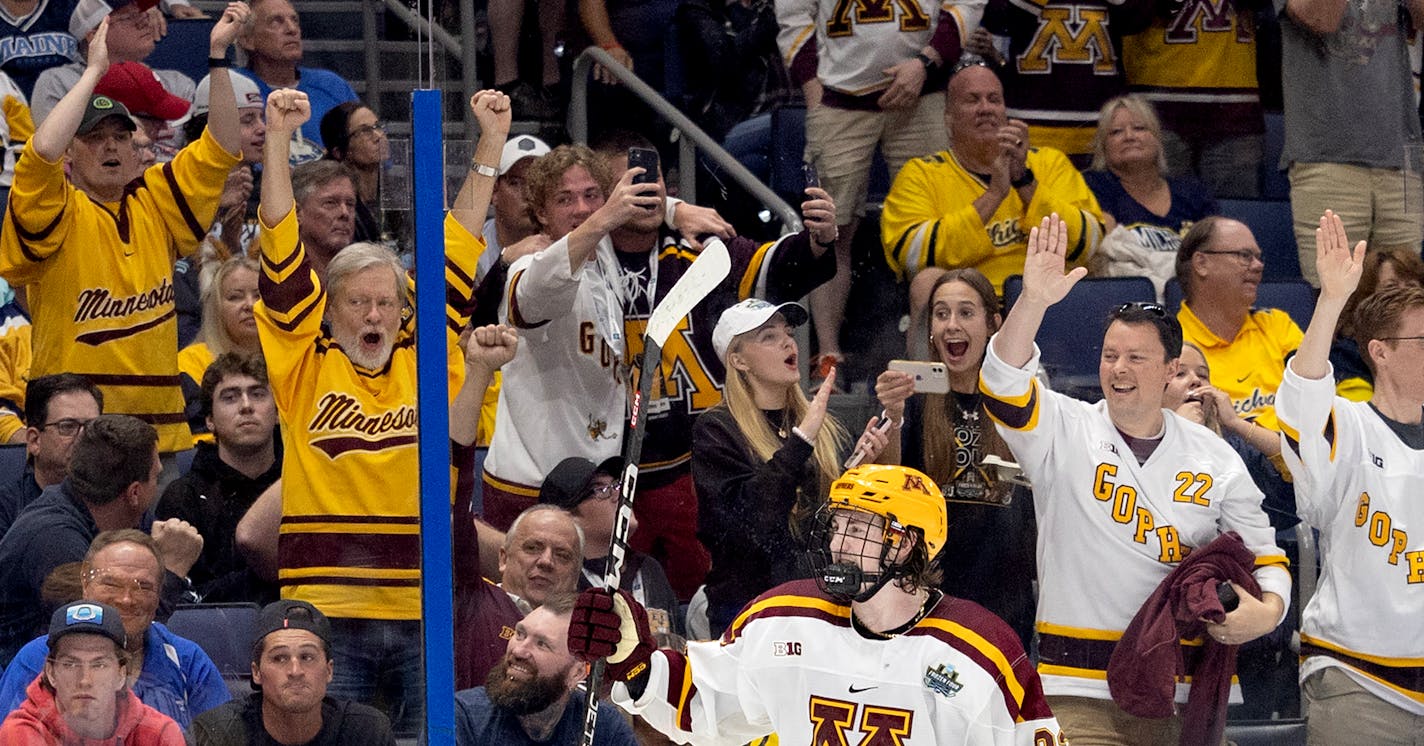 Logan Cooley (92) of Minnesota celebrates after a scoring an empty net goal in the third period Thursday, April 6, 2023, at Amalie Arena in Tampa, Fla. Minnesota Golden Gophers vs. Boston University in the semi-finals of the NCAA Frozen Four. ] CARLOS GONZALEZ • carlos.gonzalez@startribune.com.