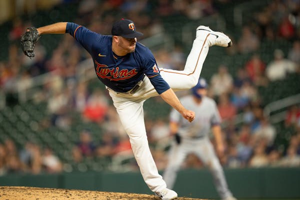 Twins reliever Caleb Thielbar throwing against Texas in the ninth inning Monday night, August 22, 2022 at Target Field in Minneapolis, Minn. The Minne