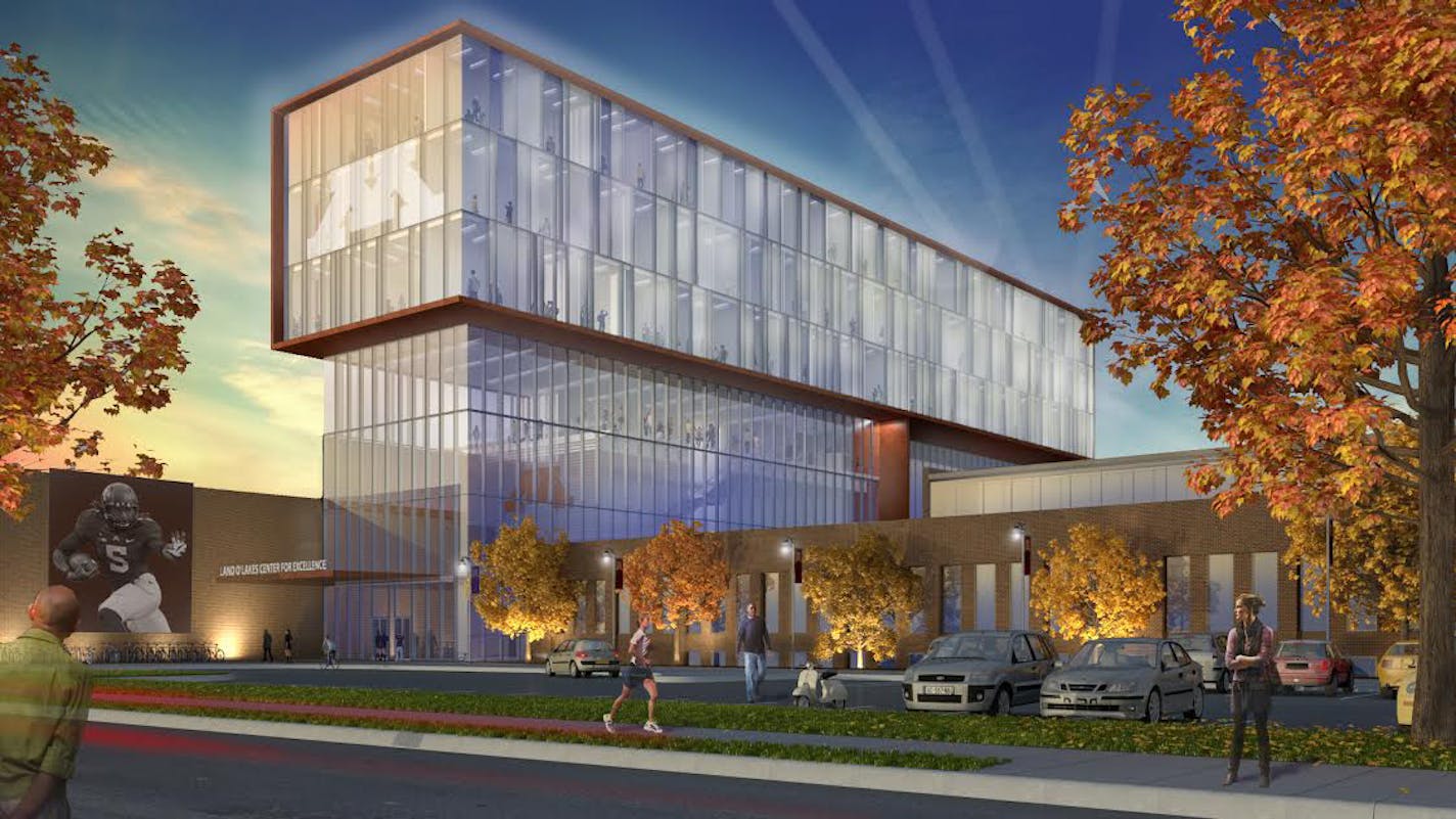 University of Minnesota rendering. Illustration of the "Center for Excellence," a proposed academic and lifestyle building for student-athletes at the university. Athletics Village.