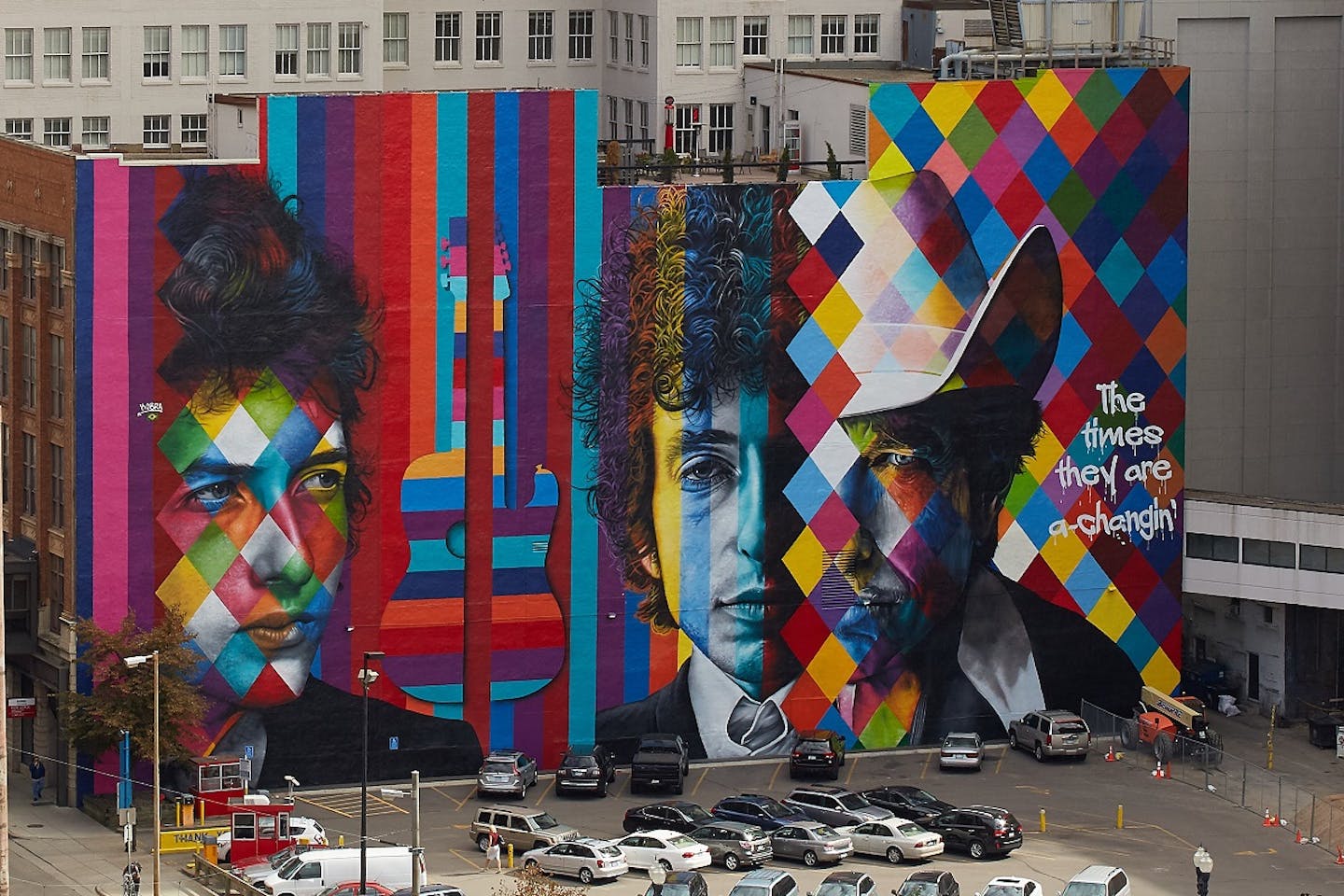 Bob Dylan mural on Hennepin Avenue in Downtown Minneapolis by Eduardo Kobra.