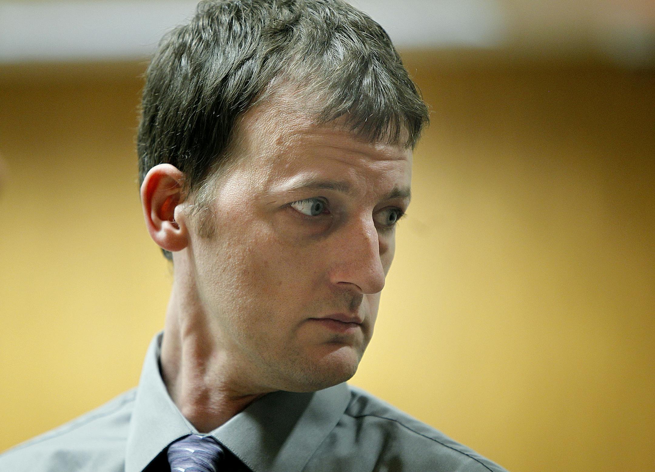 Aaron Schaffhausen made his way into the sixth day of trial at a St. Croix County Courtroom in Hudson, Wis., Tuesday, April 9, 2013.