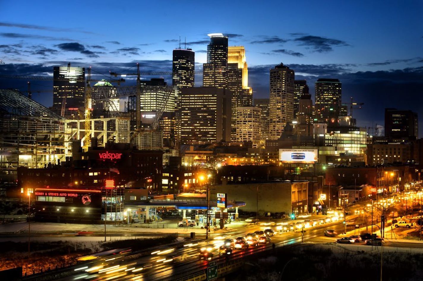 The downtown Minneapolis skyline in January. Minneapolis is now the 46th-largest city in the country, moving up two positions over the past year, new estimates from the U.S. Census Bureau for 2014 show.