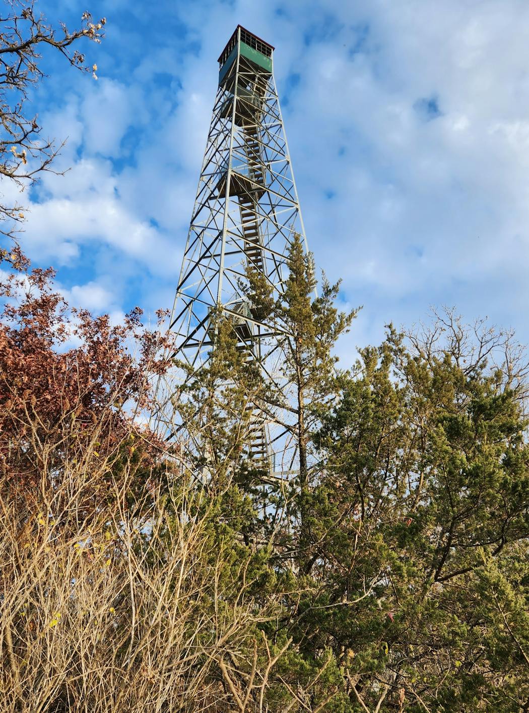The 100-foot Elba Fire Tower stands at the top of a steep, wooded bluff.