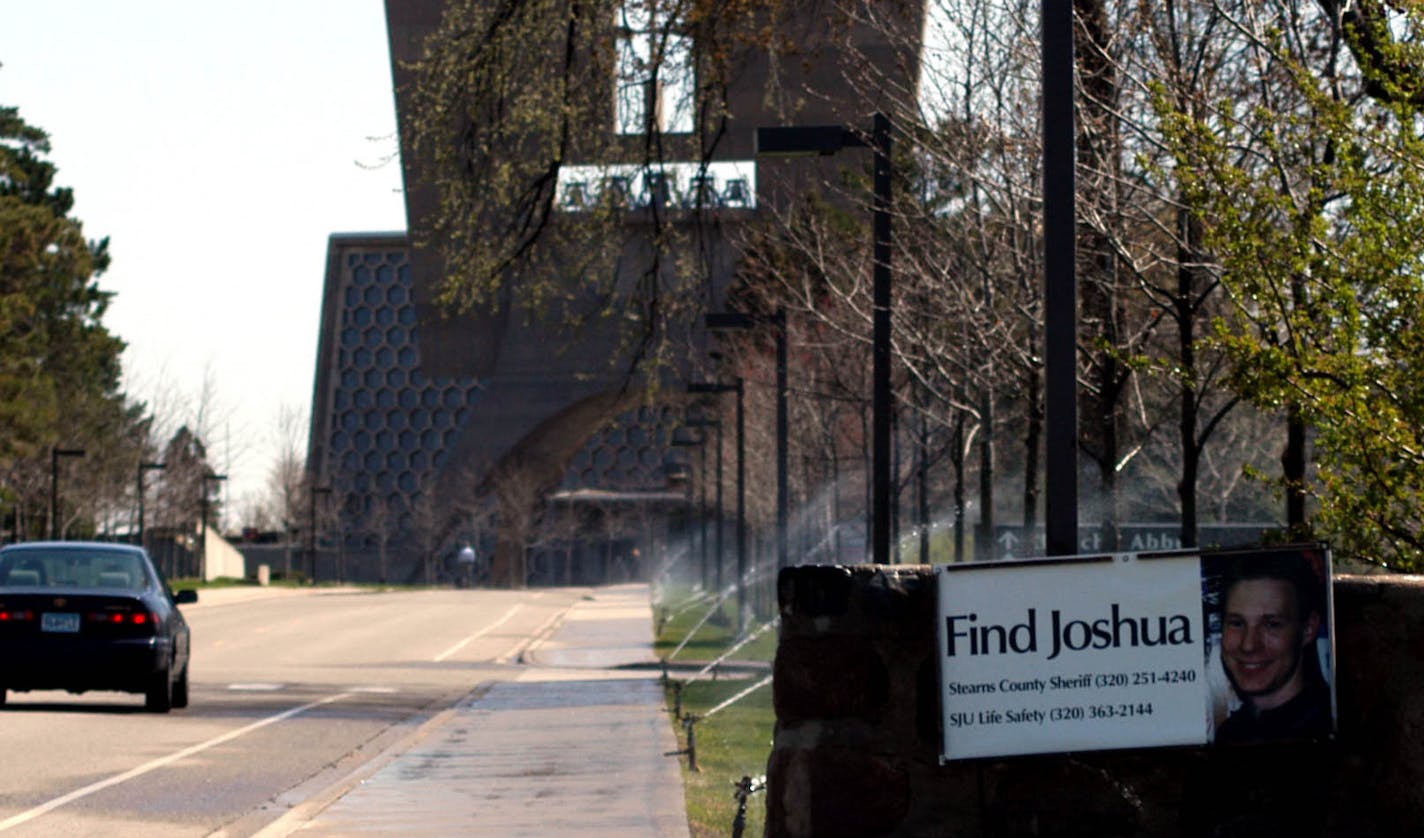 Richard Sennott/Star Tribune Collegeville,Mn.Wednesday 5/5/2004 The search for Joshua Guimond continues as Stearns County Mounted Reserves searched the low areas on thye campus of St John's. With a dry spring the search was focused on low and marshy areas that were difficult to search last fall. This poster that reads Find Joshua is posted at the entrance to St John's