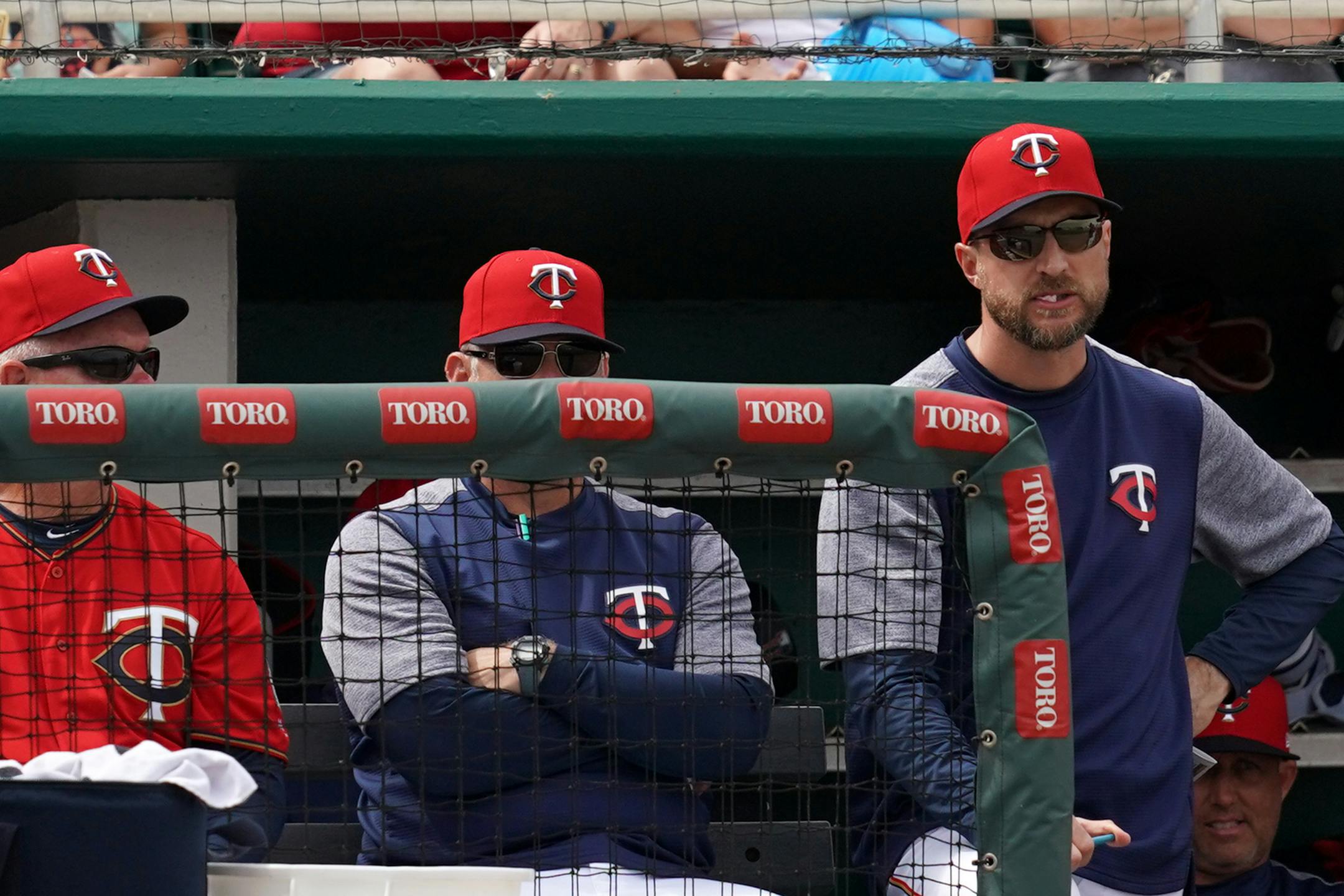 Twins manager Rocco Baldelli watched from the dugout during a spring training game in Florida.