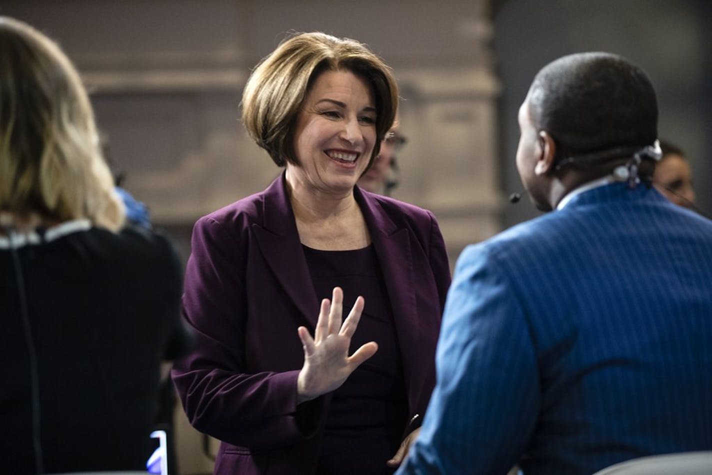 Democratic presidential candidate Sen. Amy Klobuchar, D-Minn., speaks with members of the media after a Democratic presidential primary debate, Tuesday, Feb. 25, 2020, in Charleston, S.C.