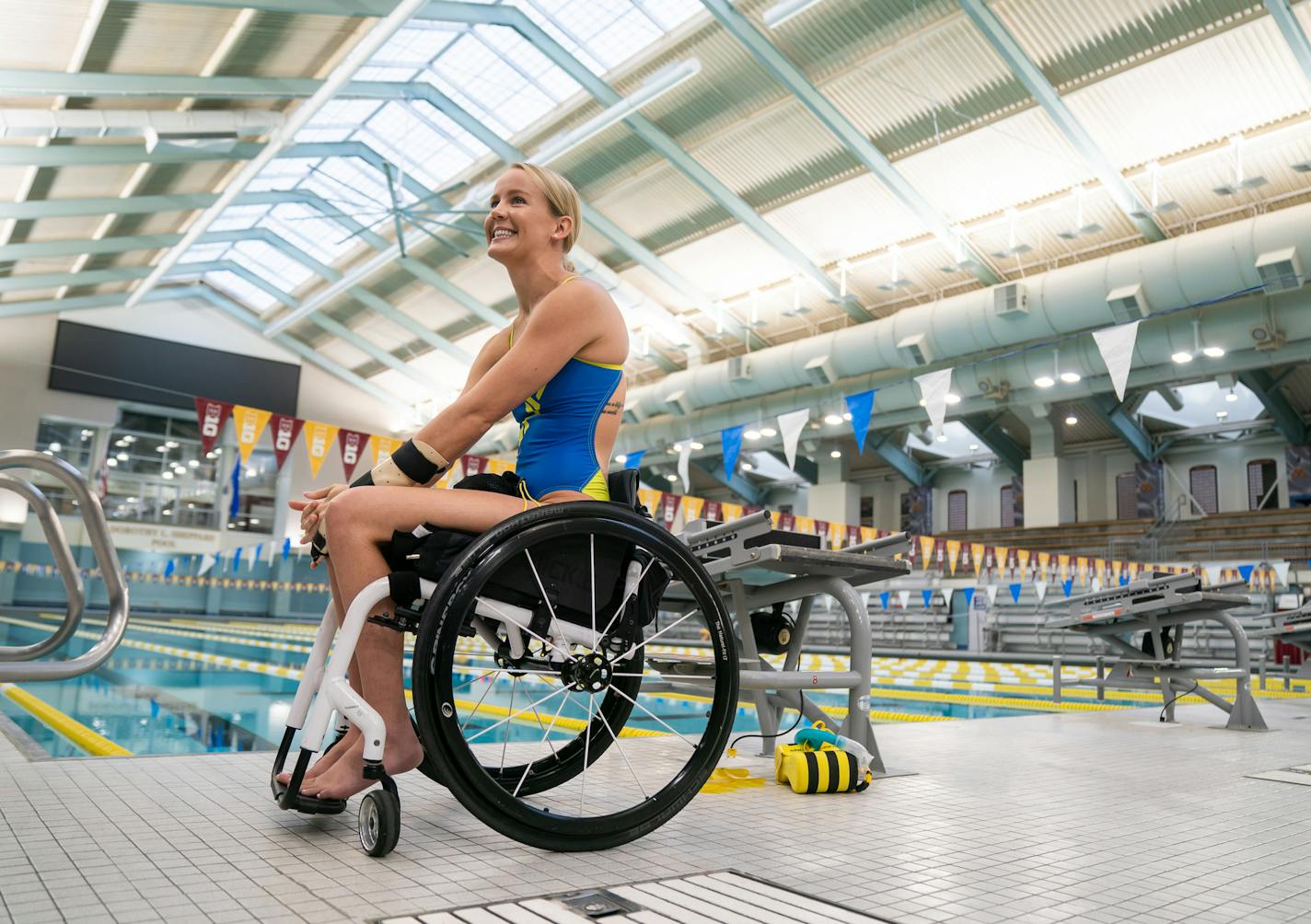 Mallory Weggemann, paralympic swimmer, gold medalist and Minnesotan, described what it means to her to be swimming back at the University of Minnesota in the upcoming U.S. Paralympic Team Trials and then how she enters the water from a starting block as a Paralympic swimmer. She then demonstrated her strokes. The United States Olympic & Paralympic Committee announced that Minneapolis area has been selected as the site of the 2020 U.S. Paralympic Team Trials for cycling, swimming and track and fi