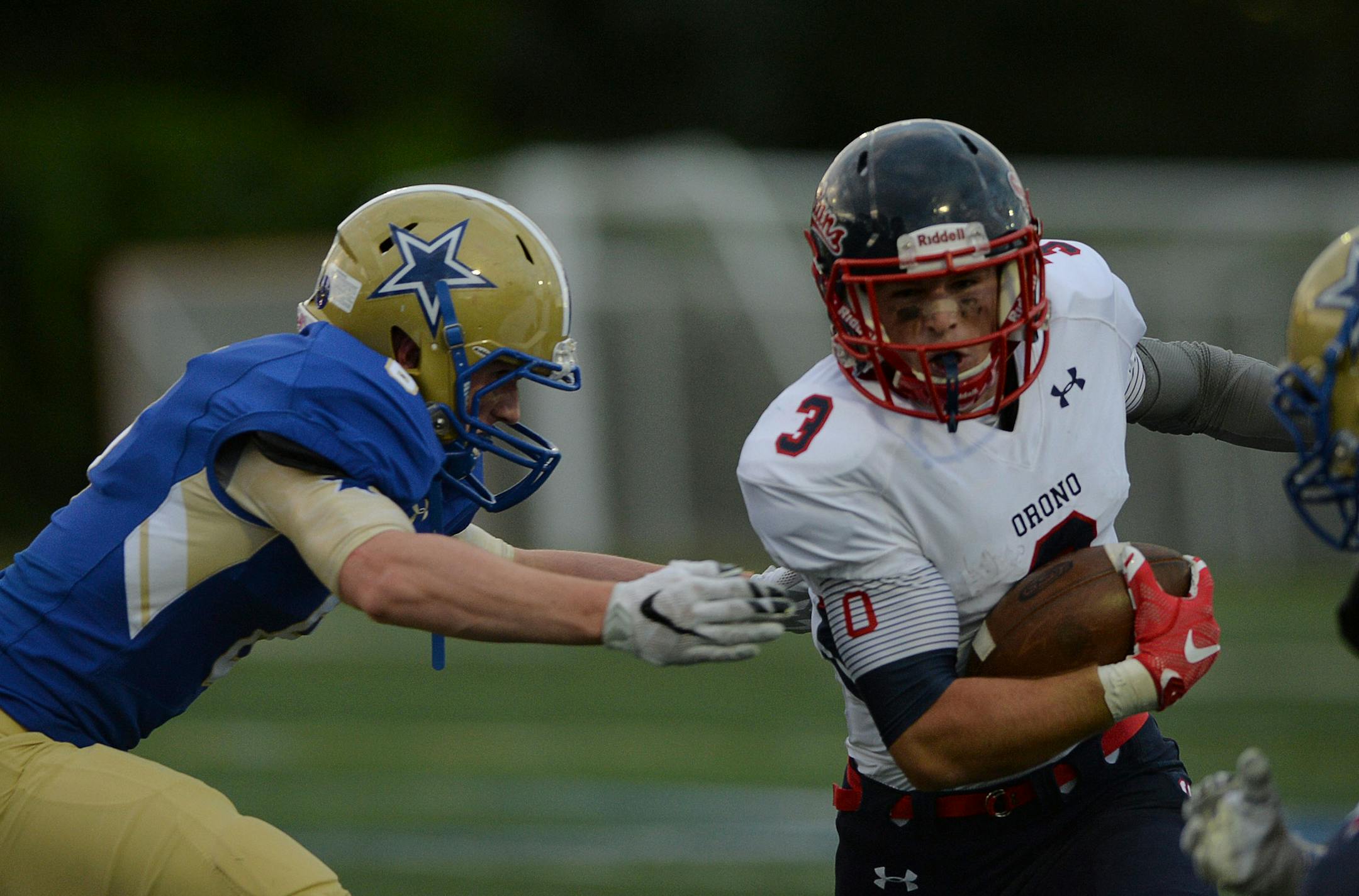 ___ during the __ quarter at the Orono vs Holy Angels football game at Holy Angels Academy in Richfield, Minn. on Friday September 11, 2015. ] RACHEL WOOLF ___ defeated ___ ___.