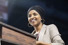 Rep. Ilhan Omar, D-Minn., introduces Sen. Bernie Sanders (I-Vt.), a candidate for the Democratic nomination for president, during a Sanders campaign r
