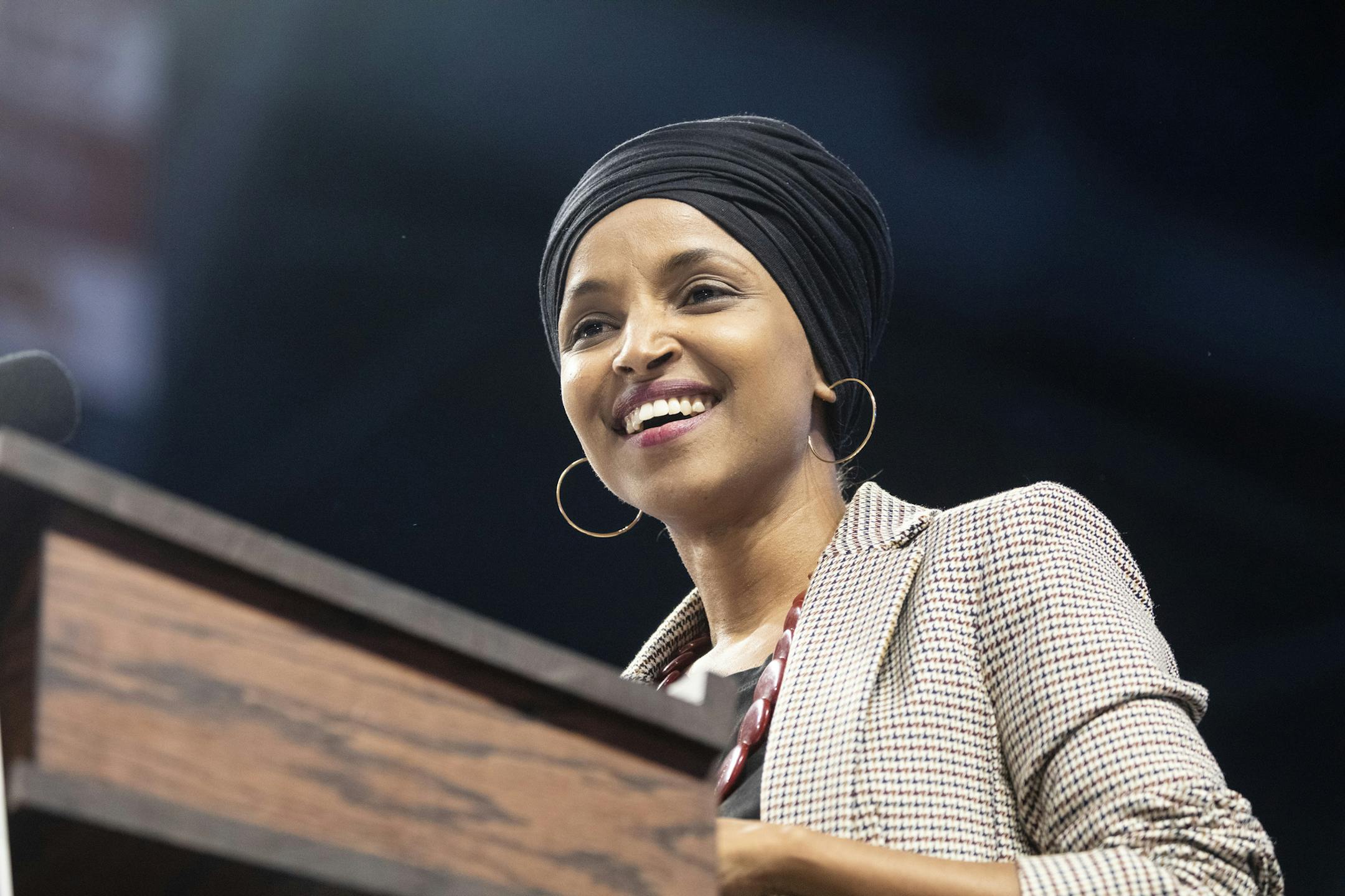 Rep. Ilhan Omar, D-Minn., introduces Sen. Bernie Sanders (I-Vt.), a candidate for the Democratic nomination for president, during a Sanders campaign rally at the University of Minnesota in Minneapolis on Sunday, Nov. 3, 2019. (Jenn Ackerman/The New York Times)